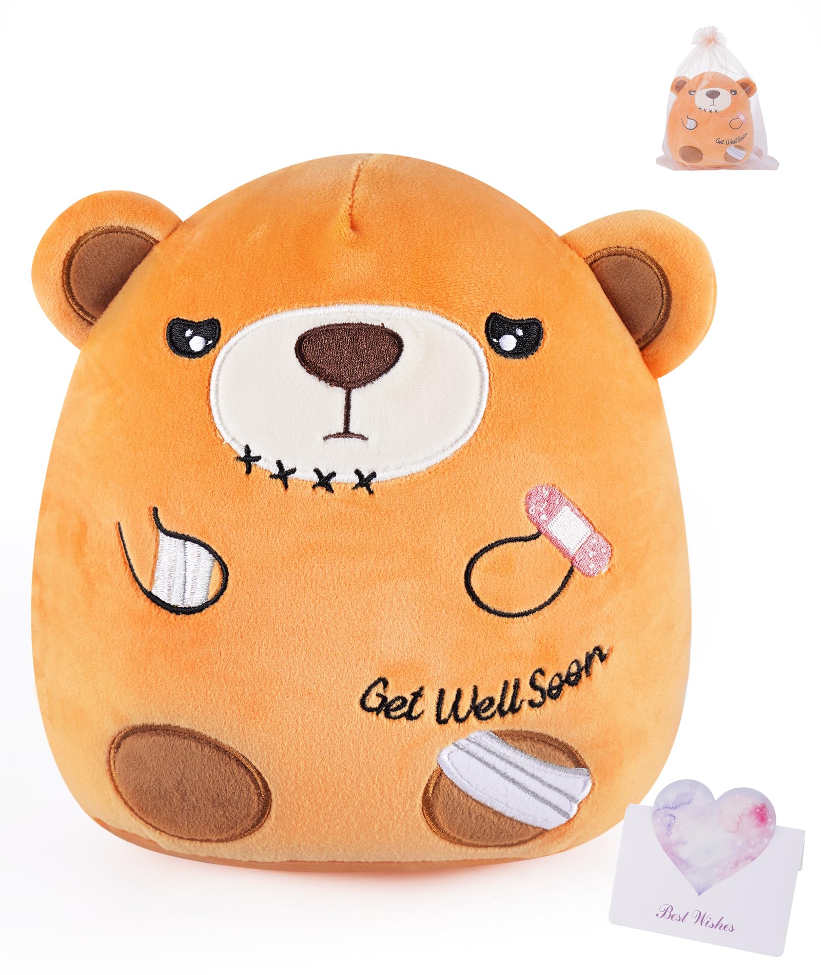 Get Well Soon Gift Bear - Teddy Bear Stuffed Animals with Band-Aid, Kids' Pillow Cushion, Gifts for Patient Girls Boys, Light Brown, 8 Inch