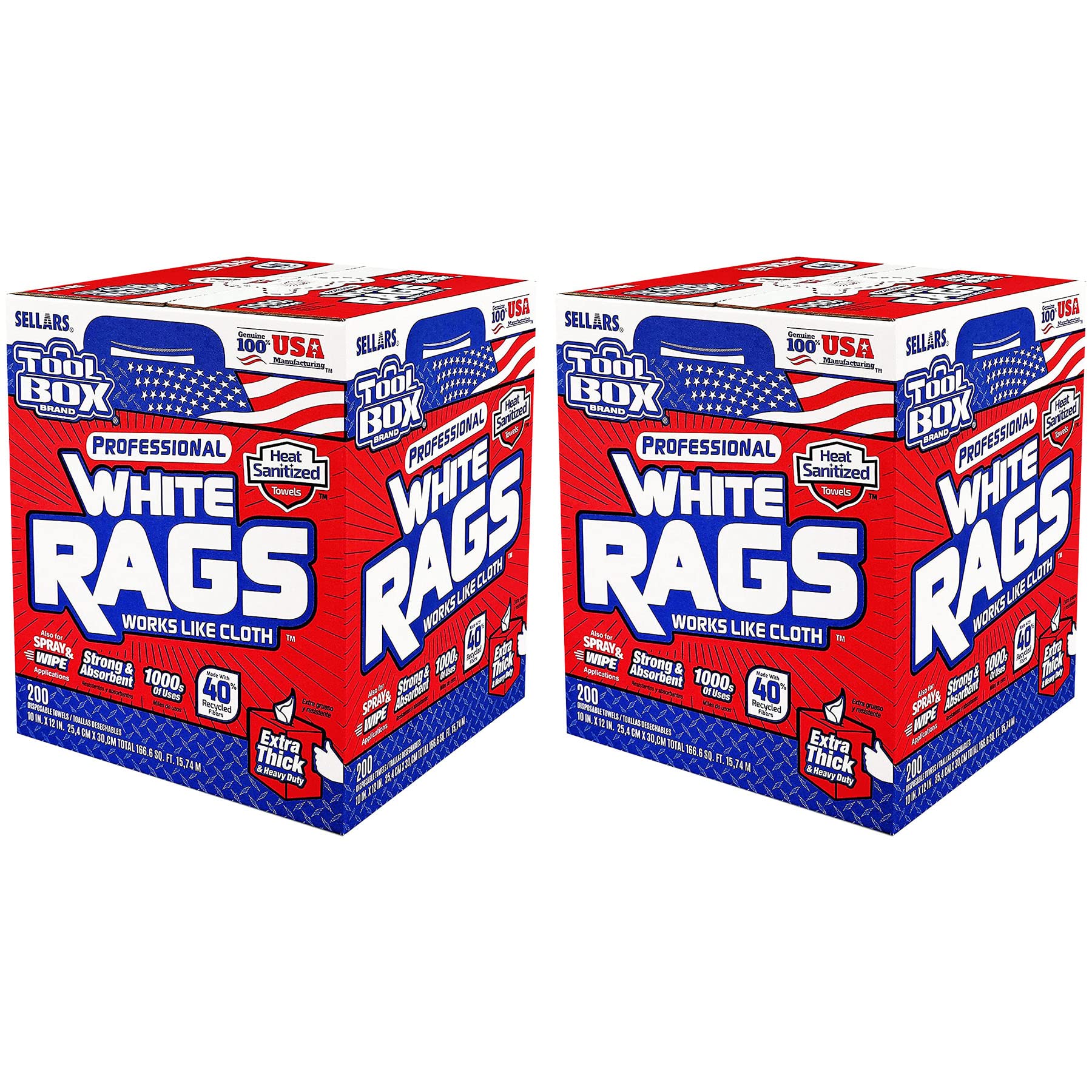 TOOLBOX Professional White Rags Shop Towels Center Pull Box for Painters, Automotive, Contruction, Office and Home - Made in USA (2 Boxes - 400 Towels)