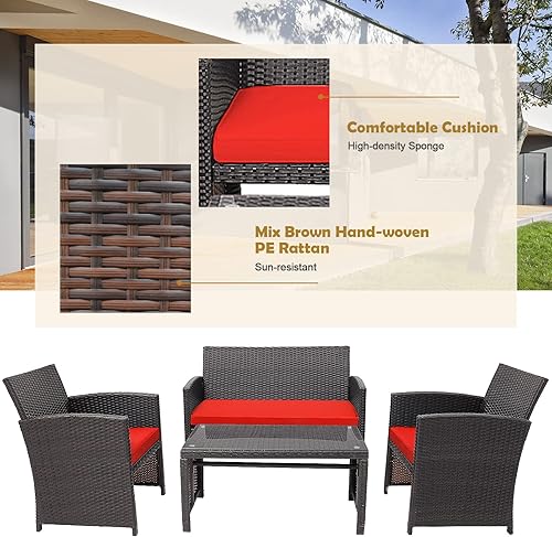 Miniatura 6 de HAPPYGRILL Juego de 4 muebles de mimbre para exteriores con mesa de centro de vidrio templado, cojines suaves, juego de sillas de ratán resistentes