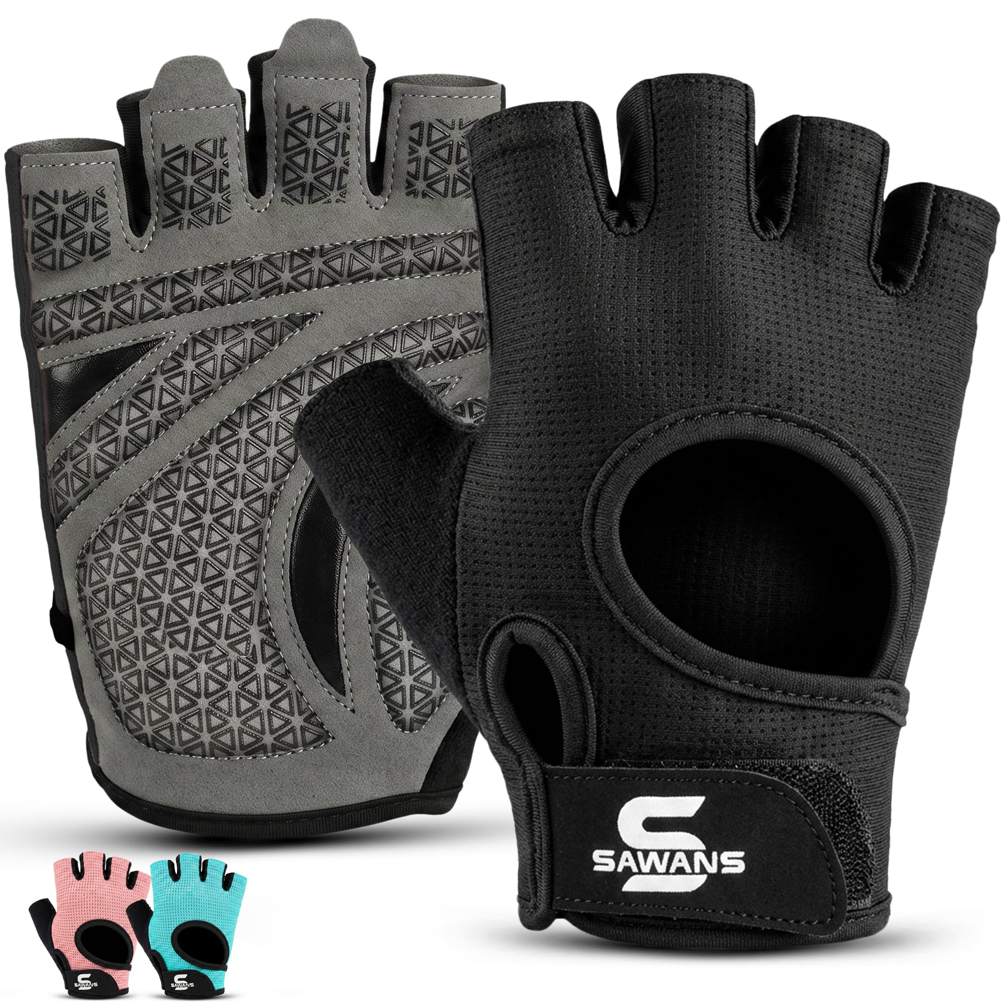 SAWANS Gym Gloves for Men & Women, Breathable Weight Lifting Gloves with Padded Grip & Wrist Support, Fingerless Workout Gloves for Weightlifting, Running, Training, Crossfit & Cycling