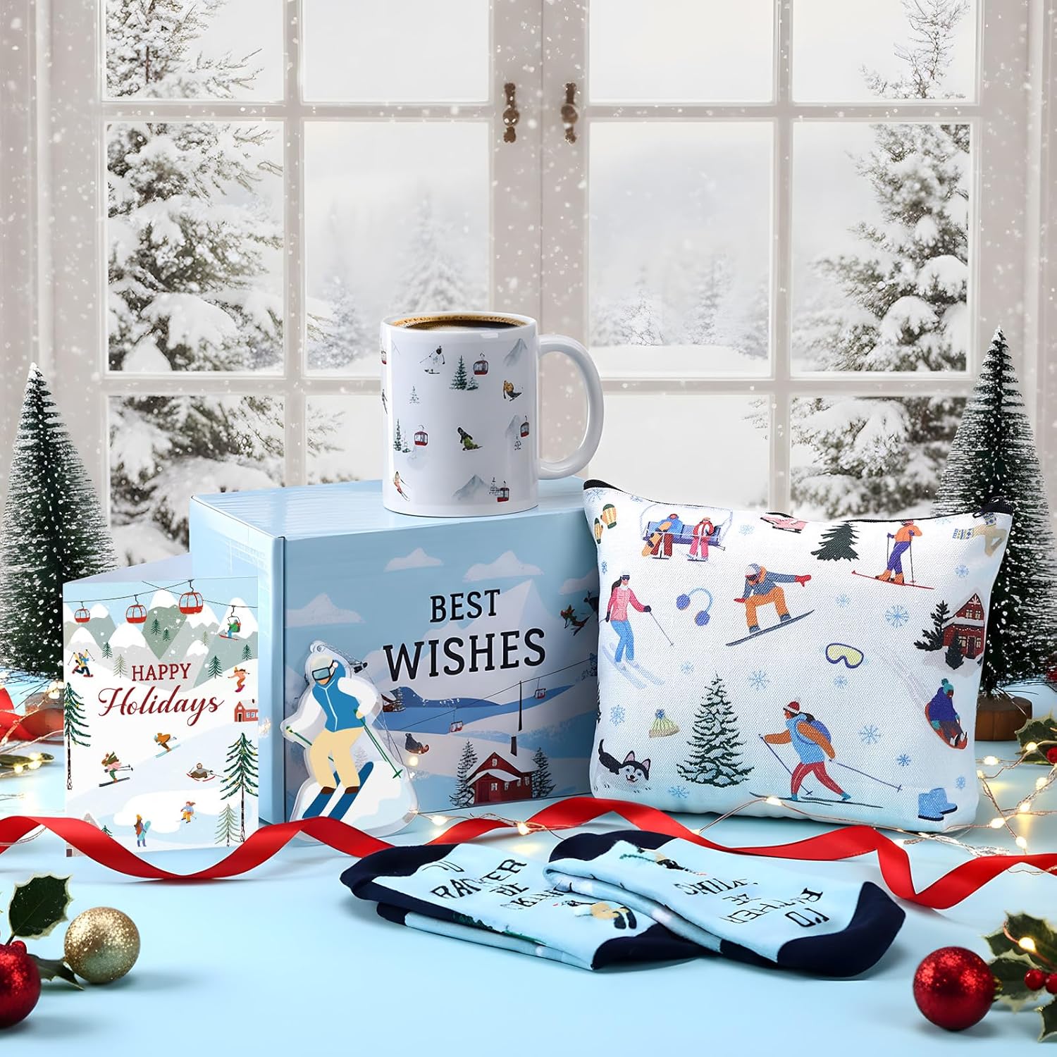 6 Pcs Ski Gifts Set Winter Skiing Ceramic Mug, Socks for Skiers, Makeup Bag, Card, Acrylic Christmas Ornament and Box Skiing Accessories for Ski Lovers Women Men Snowboarder - Image 4