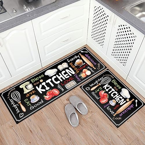 Miniatura 9 de HOLVDENG Juego de 2 tapetes de cocina antideslizantes y gruesos para el suelo, tapetes cómodos para cocina, fregadero, negro, 17 x 47 pulgadas + 17