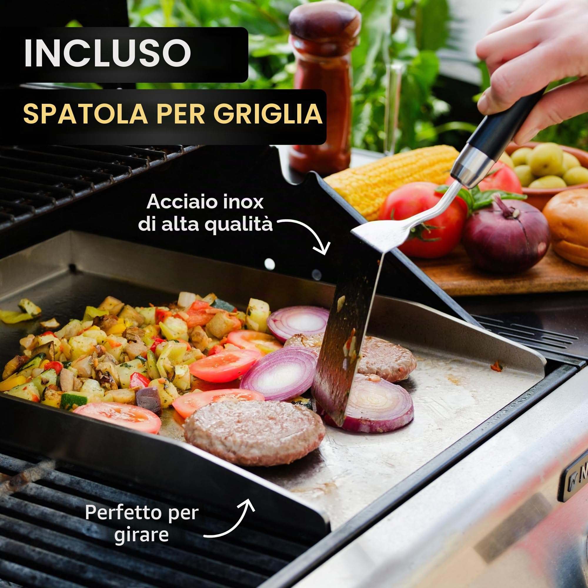 AMZBBQ® Set Premium Plancha - 40 x 30 cm - circa 5 mm in acciaio inossidabile massiccio - 20% più forte delle tradizionali piastre - Piastra per griglia a gas e carbone - Accessorio per barbecue