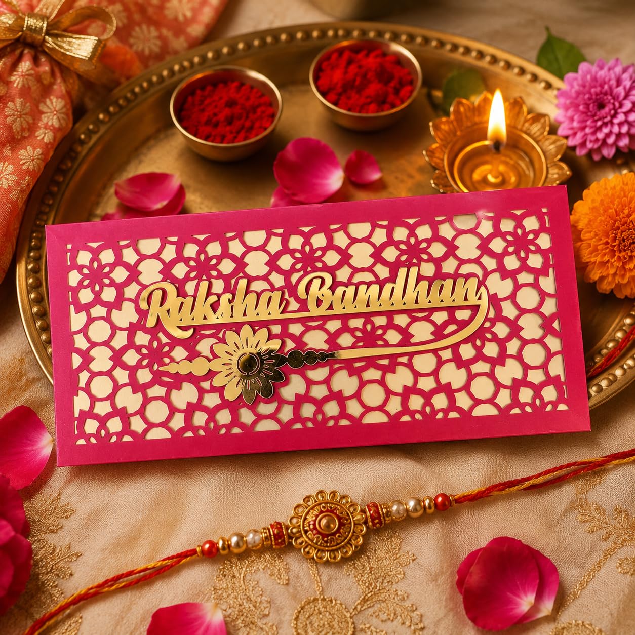 Happy Rakhi Shagun Envelope for Raksha Bandhan | Laser Cut Money Cover with Acrylic Design | Cash Gift, Voucher & Shagun Envelope | Premium Paper Money Cover Pack of 5 | 18 x 8 cm (Red)-image-5