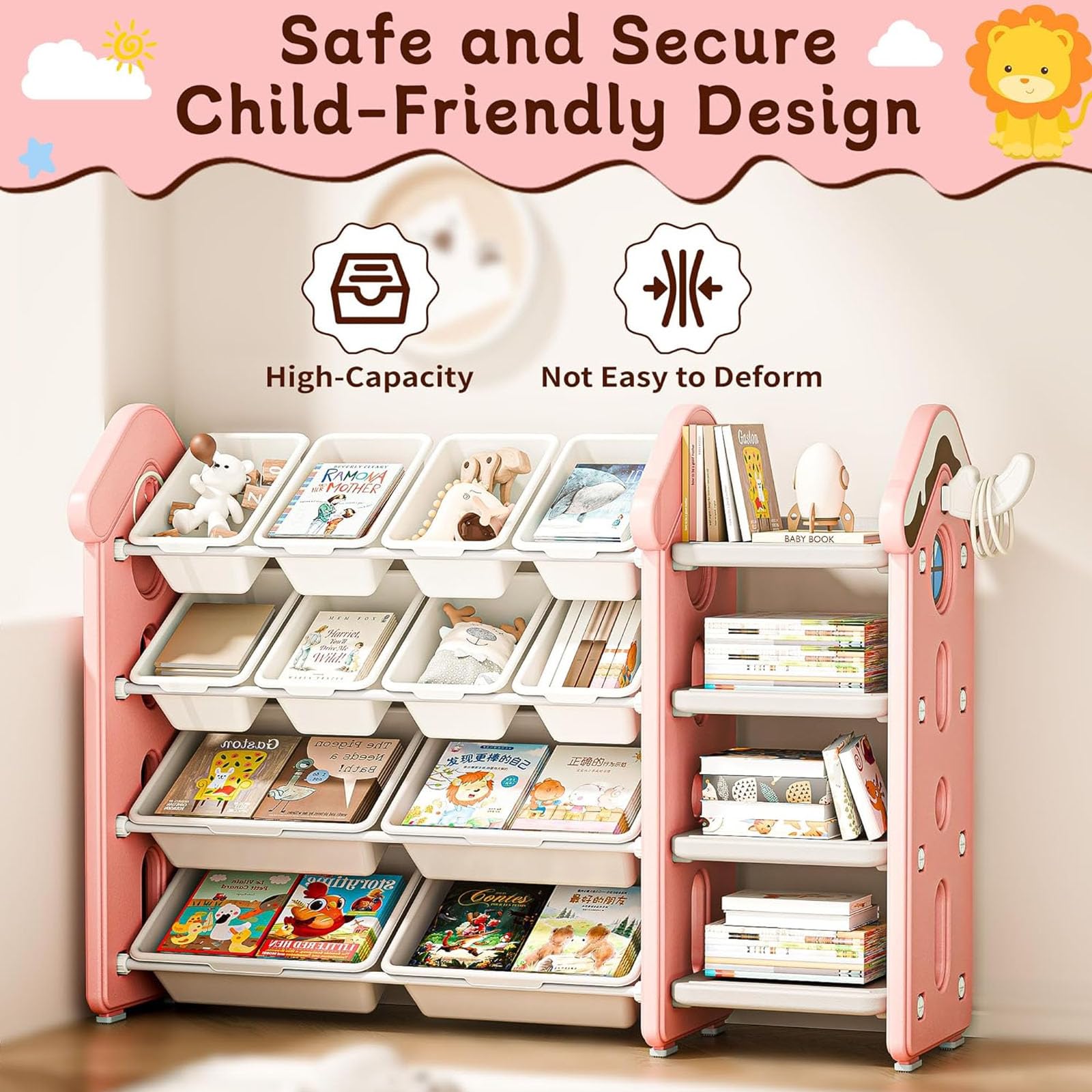 Organisateur de rangement de jouets avec 12 bacs, bibliothèque à 4 niveaux, organisation de chambre d'enfant, assemblage facile pour chambre à coucher et décoration de salle de jeux