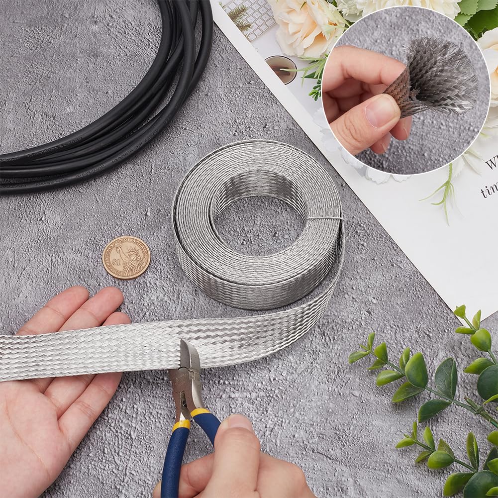 UNICRAFTALE 4m/13.12Feet Stainless Steel Braided Sleeving Braid Cable Wire Shielding Sleeve Ground Straps Protection Flat Metal Mesh Flexible Expandable Scalable Ribbon Flat Wire for Protect Cable - Image 4