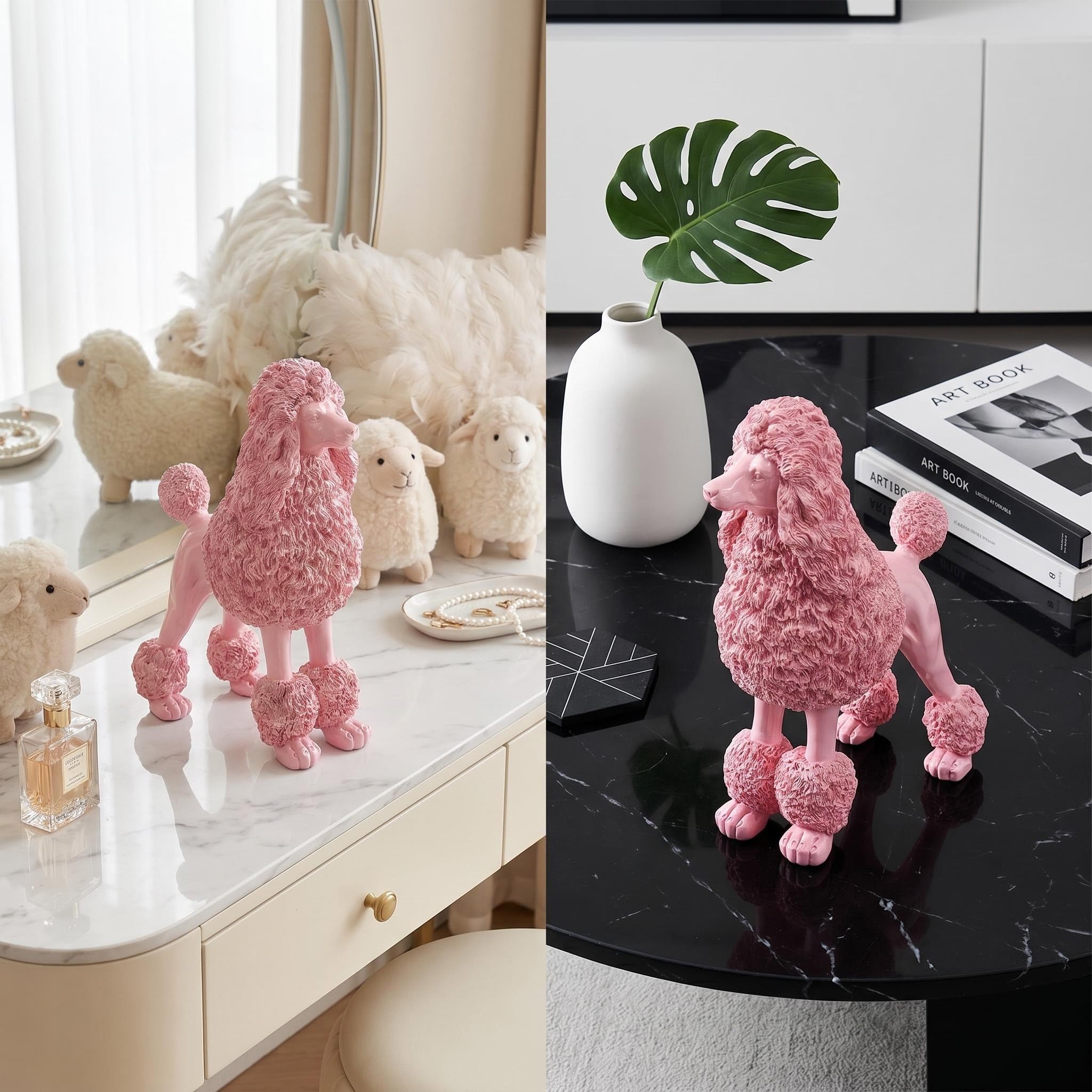 Statua di barboncino rosa, scultura a forma di cane in piedi, decorazione per la casa, decorazione in resina per ufficio, soggiorno, camera da letto, mensole