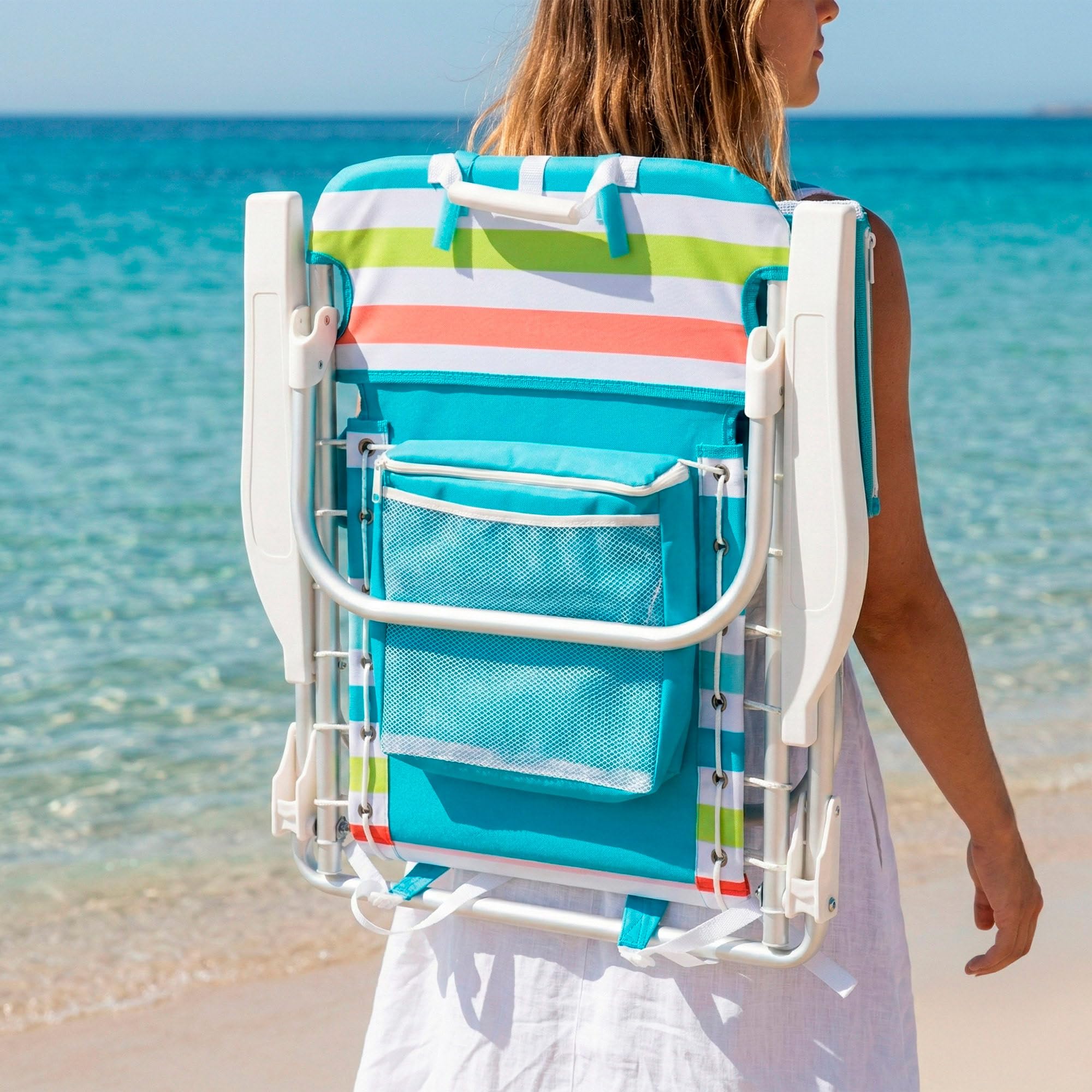 AKTIVE Silla de Playa Plegable, Multicolor, 50x53x77 cm, 5 Posiciones, Aluminio y poliéster, Soporta 110 kg, Bolsillo Lateral y Trasero, Nevera Trasera, Cojín, Transporte Mochila (62544)
