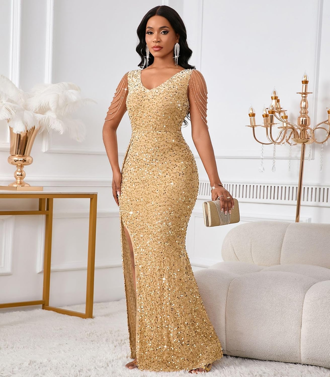 Cololura Women Sexy Elegant Sequin Tassel Mermaid Bodycon Formal Party Gowns Evening Maxi Dress Black - Image 4