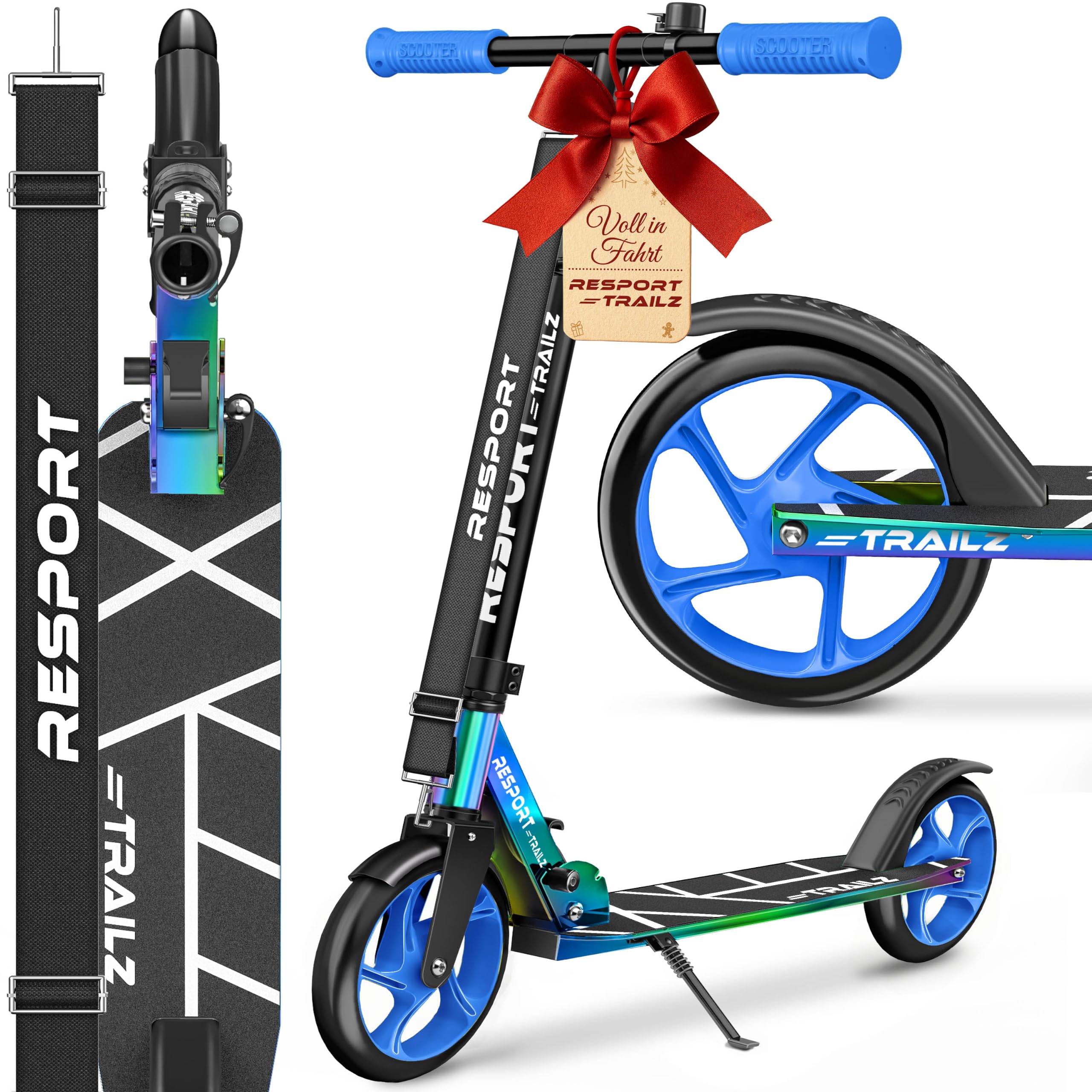 RE:SPORT® Cityroller für Kinder & Erwachsene mit Klingel & Tragegurt | Tretroller Scooter höhenverstellbar & klappbar bis 100 kg | Kinderroller große Räder Kickscooter Kickroller