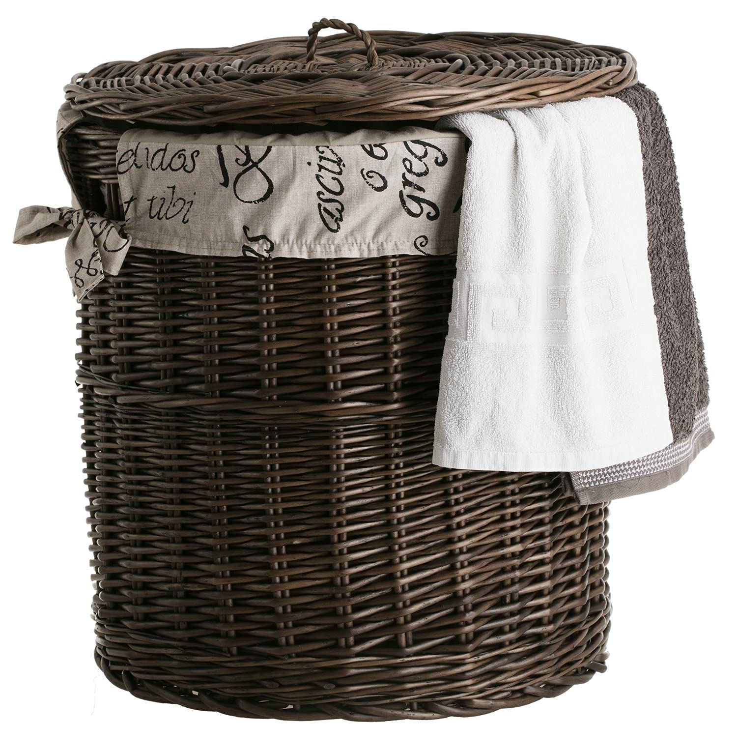 e-wicker24 Kosz na pranie z wikliny, pufa z pokrywką, kosz na pranie w stylu retro, styl vintage, ciemnobrązowy kosz z materiałowym obszyciem, pojemnik na zabawki