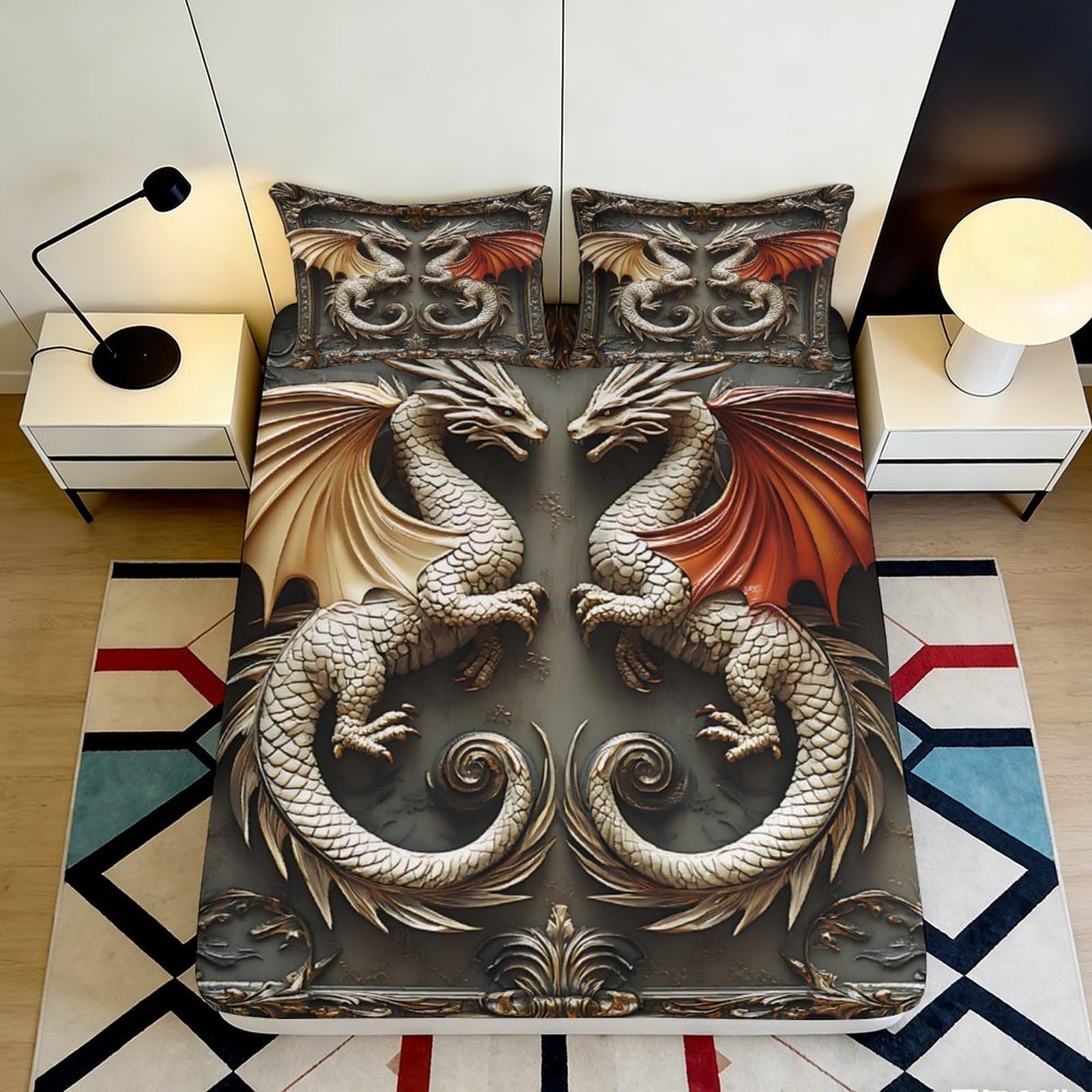 3D Printed Dragon Pattern Fitted Sheet Microfiber Soft Breathable Fantasy Creature Bed Cover for Bedroom Dormitory Guest Room Mattress Protection 200x200x25cm