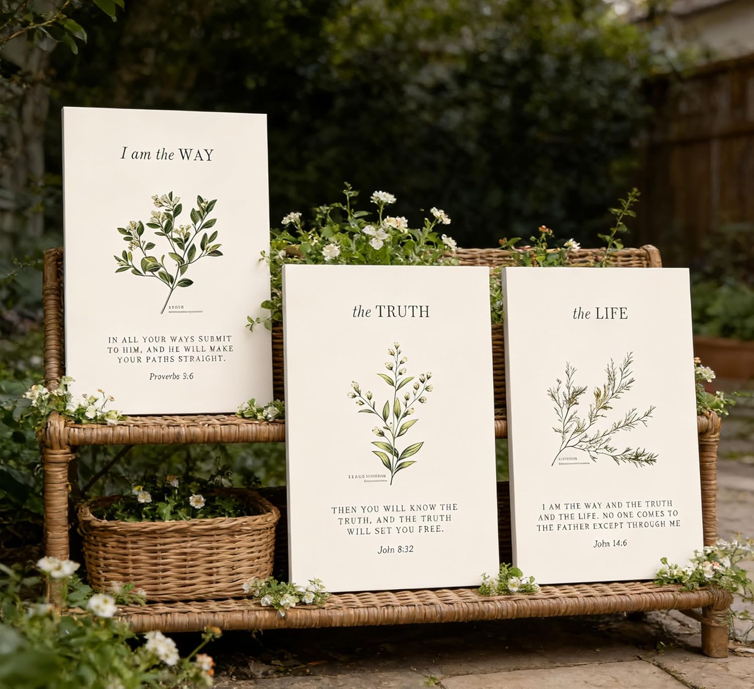 3Pcs Christian Bible Canvas Wall art Religious Verse Painting Picture Wall Decor Proverbs 3:6 John 14:6 Vintage Botanical Poster Print Artwork for Bedroom Living Room Study Home Decoration Neutral Beige Faith Gifts