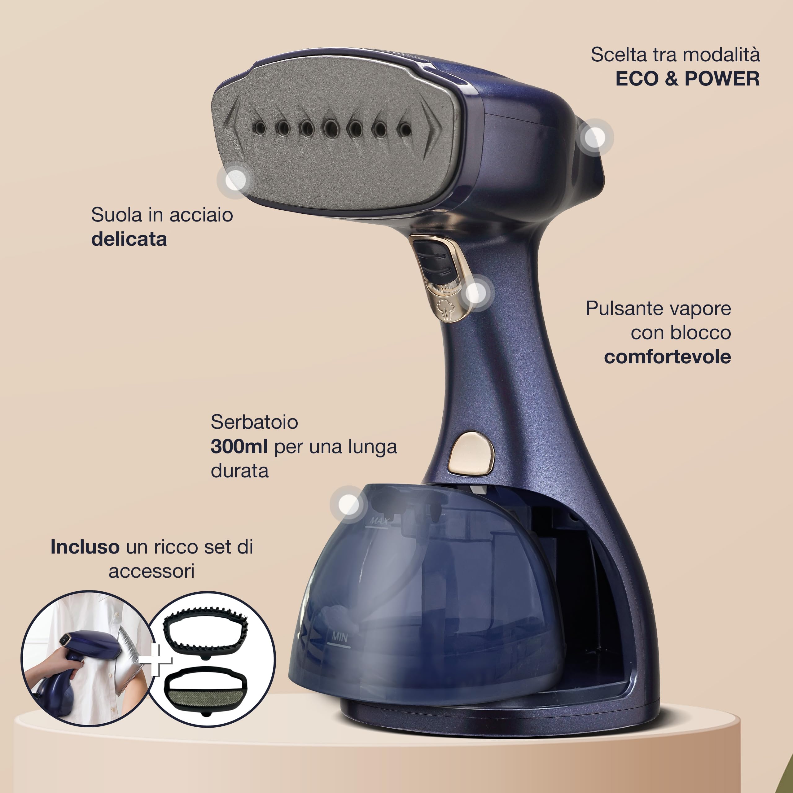 LEBENLANG Ferro Stiro Verticale 1500W Vapore 25g/min Tank 300ml Guanto Stiratrice Verticale Steamer Vestiti