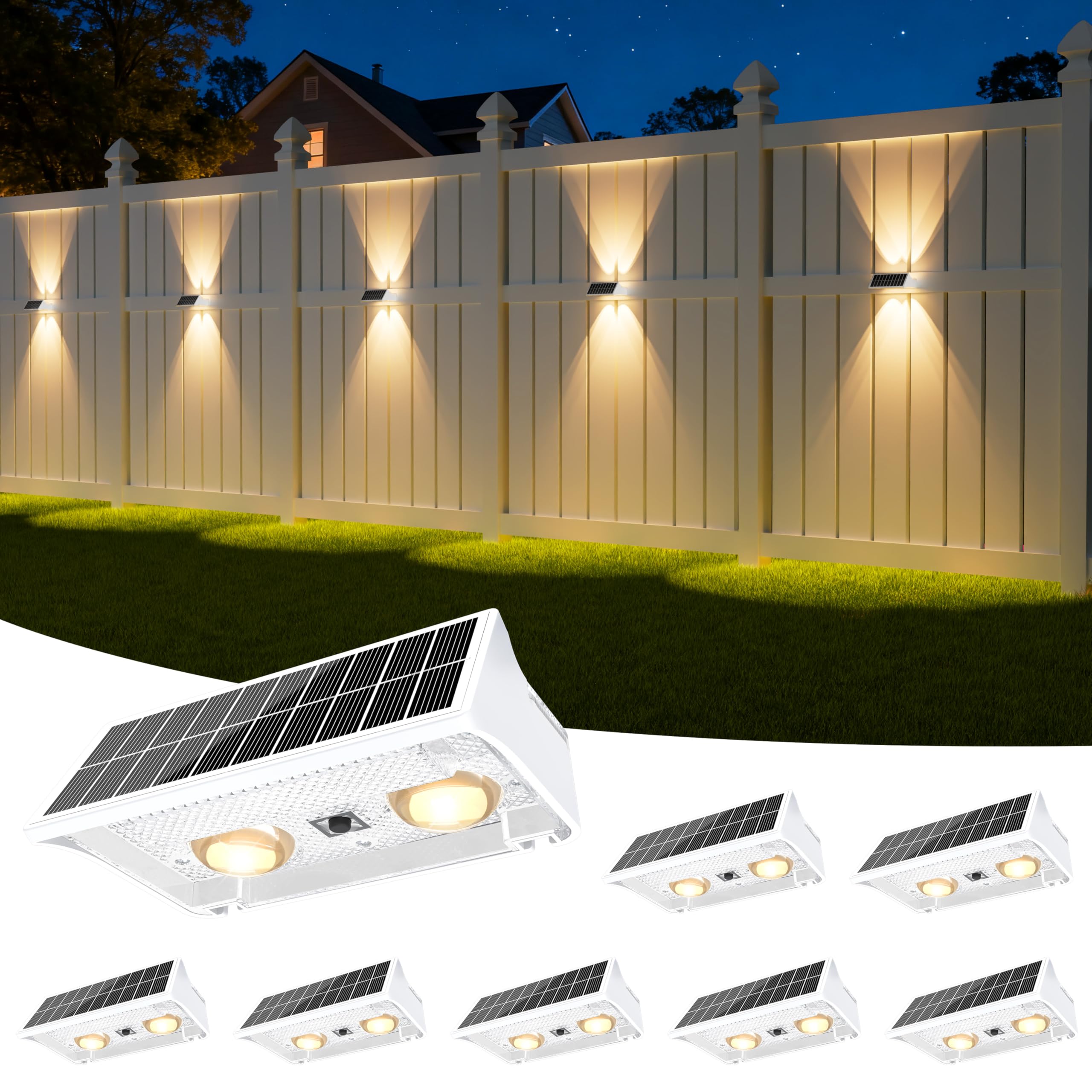 NIORSUN Lampada Solare da Esterno, 8 Pezzi, Leggero Su e Giù, Impermeabili IP65, 3000K/4000K/6500K + RGB, Applique da Esterno Solare per Parete, Terrazza, Giardino, Garage, Recinzione（Bianco）
