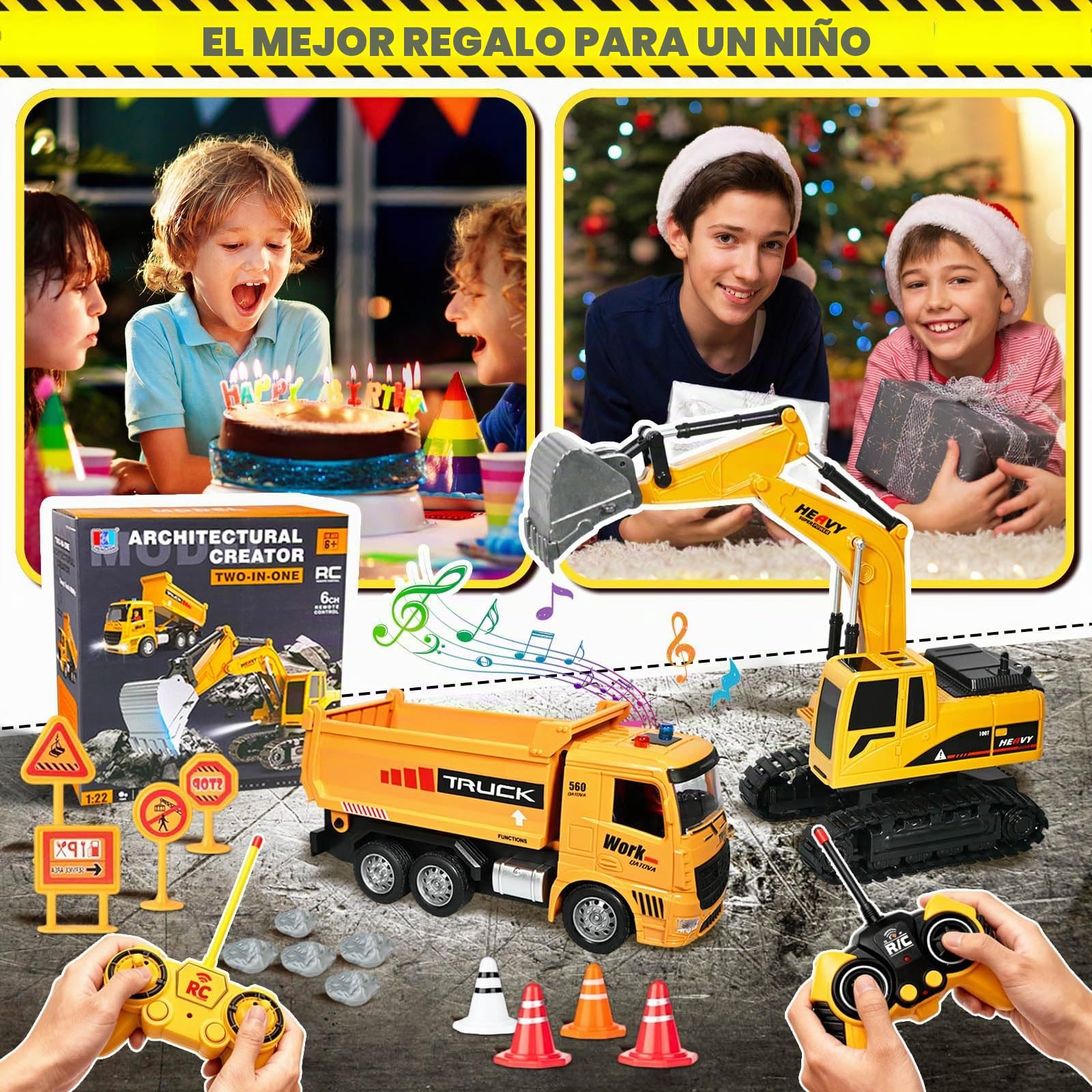 Excavadora Teledirigida y Camión Volquete Control Remoto, 2 Vehículos de construcción RC con Señales de Carretera, Barreras, Piedras Simuladas, Luces y Sonidos, Regalo de Cumpleaños para Niños de 3-12