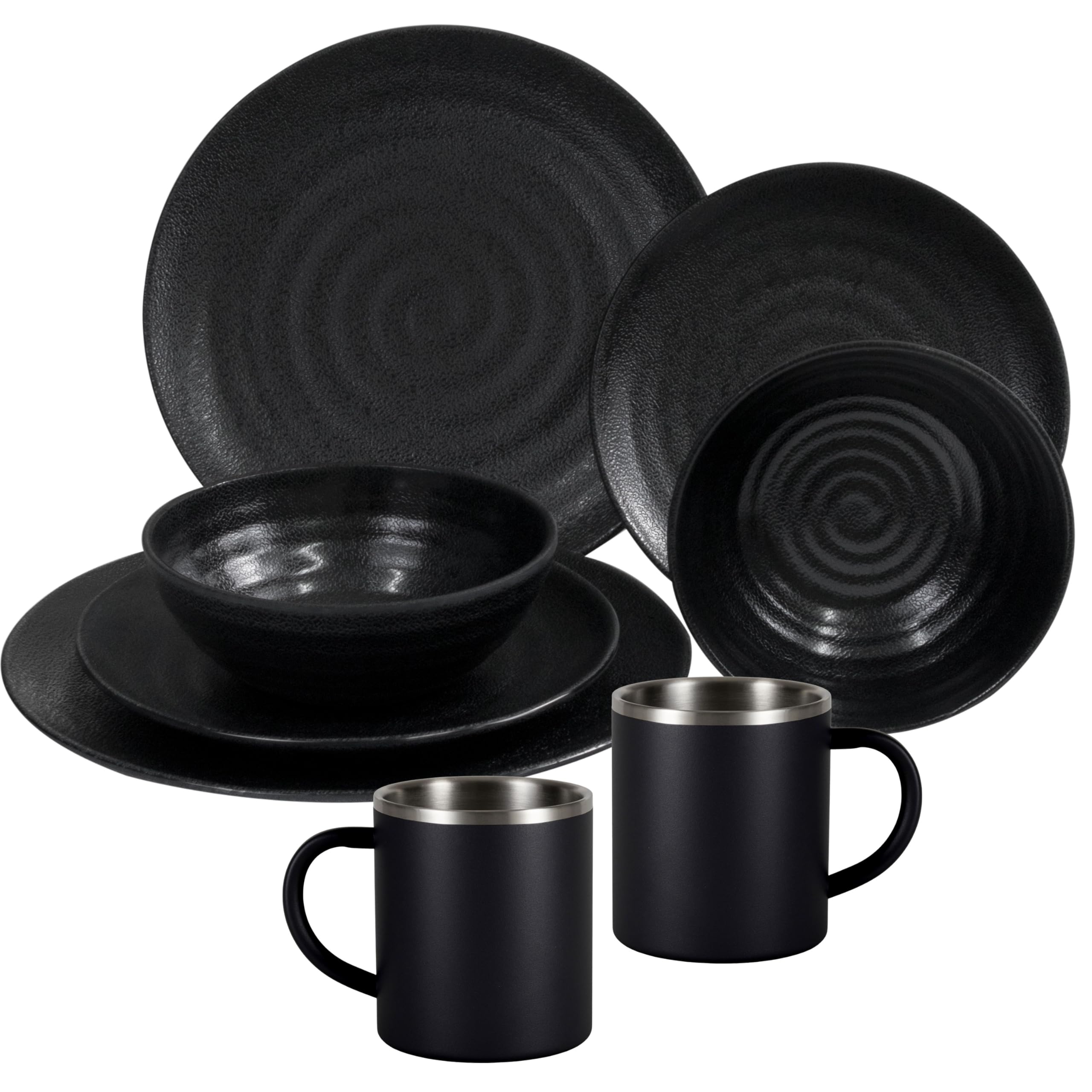 Melamin Geschirr Set Schwarz Edelstahl Thermo Tassen Picknick ideal Camping