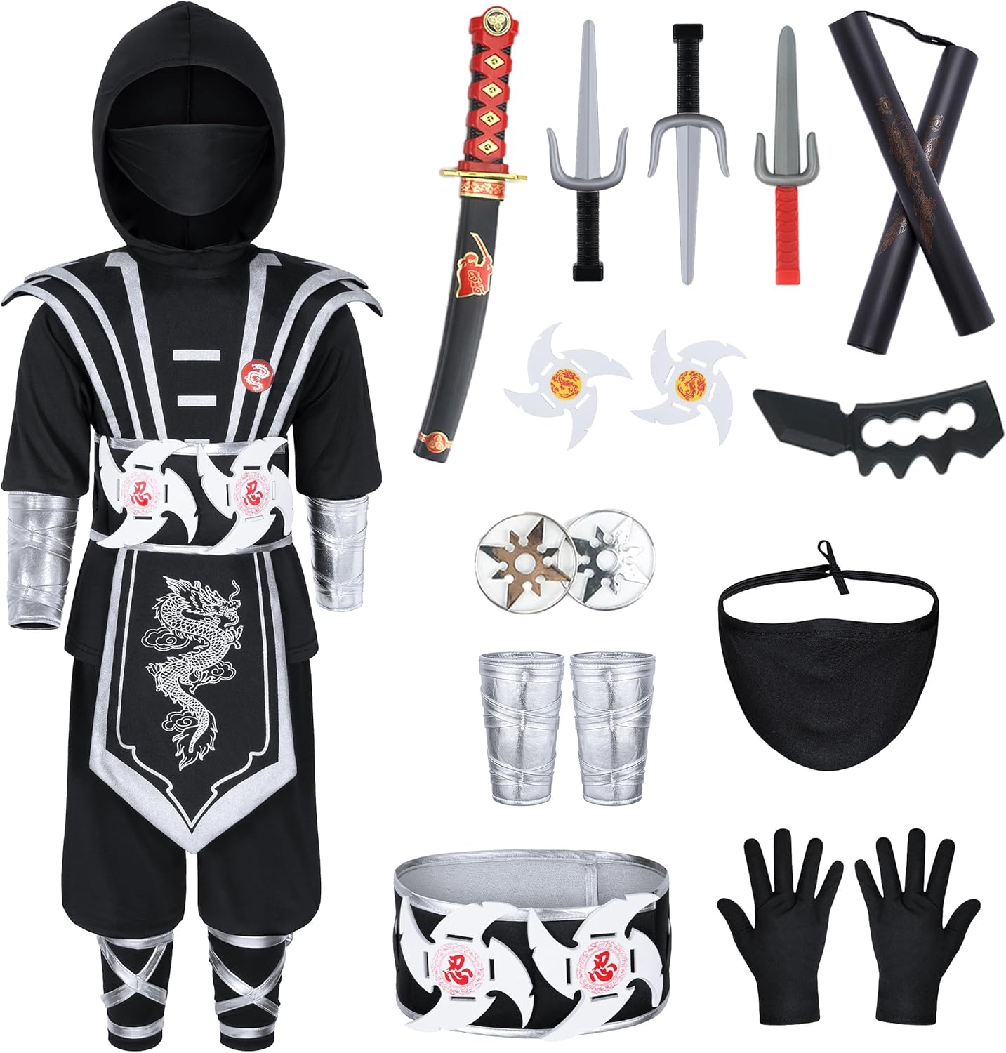 Ninjia Costume for Boys & Girls - Kids Ninja Costume Suit with Deluxe Ninja Accessories for Halloween Cospaly Dress Up