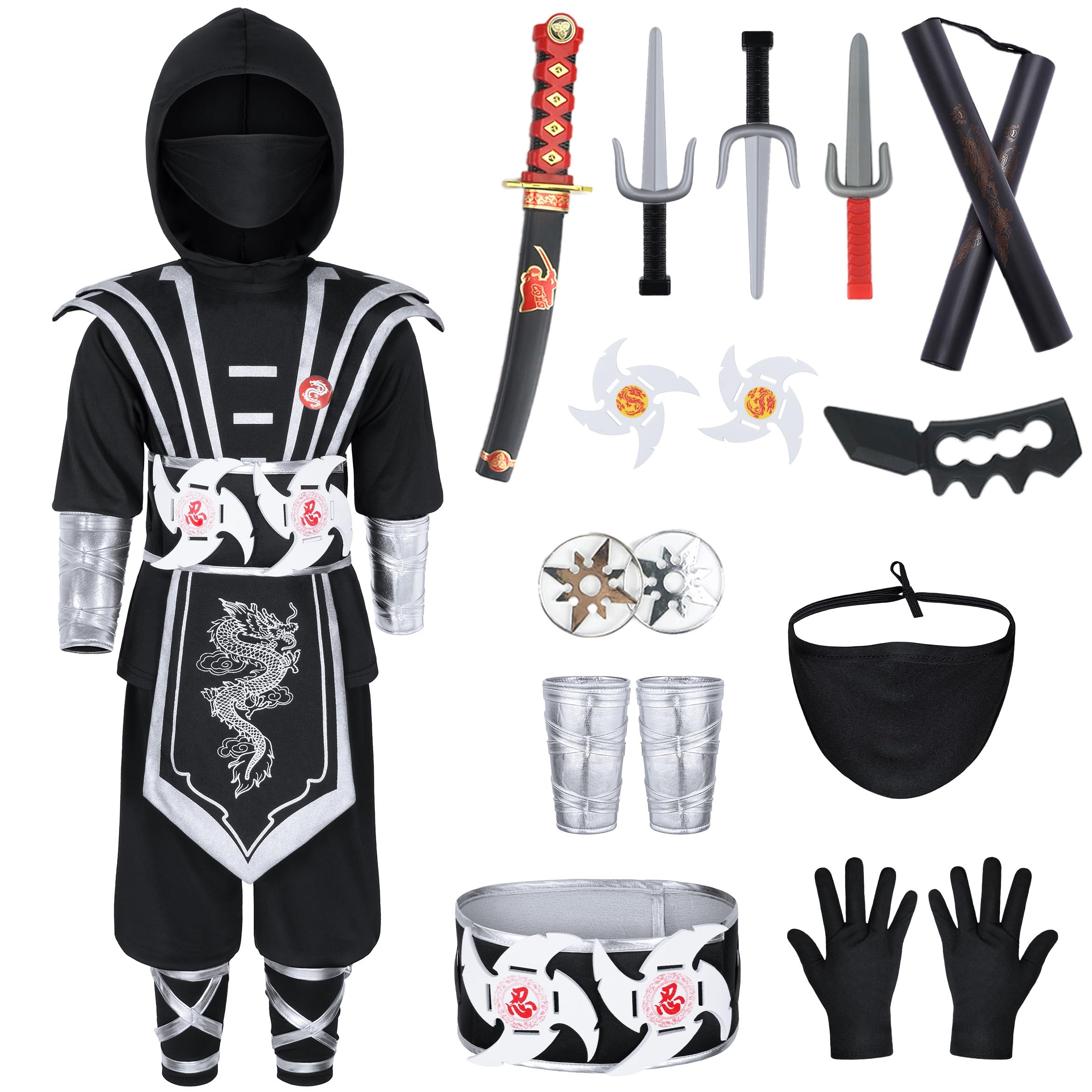 Ninjia Costume for Boys & Girls - Kids Ninja Costume Suit with Deluxe Ninja Accessories for Halloween Cospaly Dress Up
