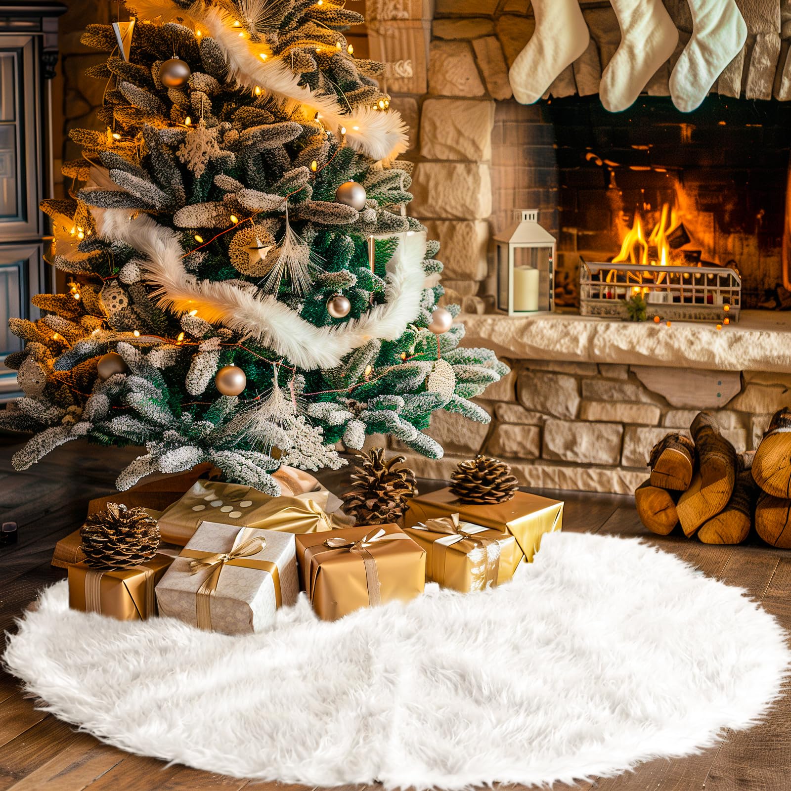 Copertura per albero di Natale bianca da 122 cm, copertura per albero di Natale, tappeto rotondo per feste di Natale allegre, gonna rotonda per decorazioni