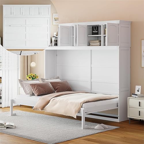 Miniatura 15 de Merax Moderno mueble Murphy con armarios superiores, plataforma de pared de madera maciza, no necesita somier, fácil de montar, color gris