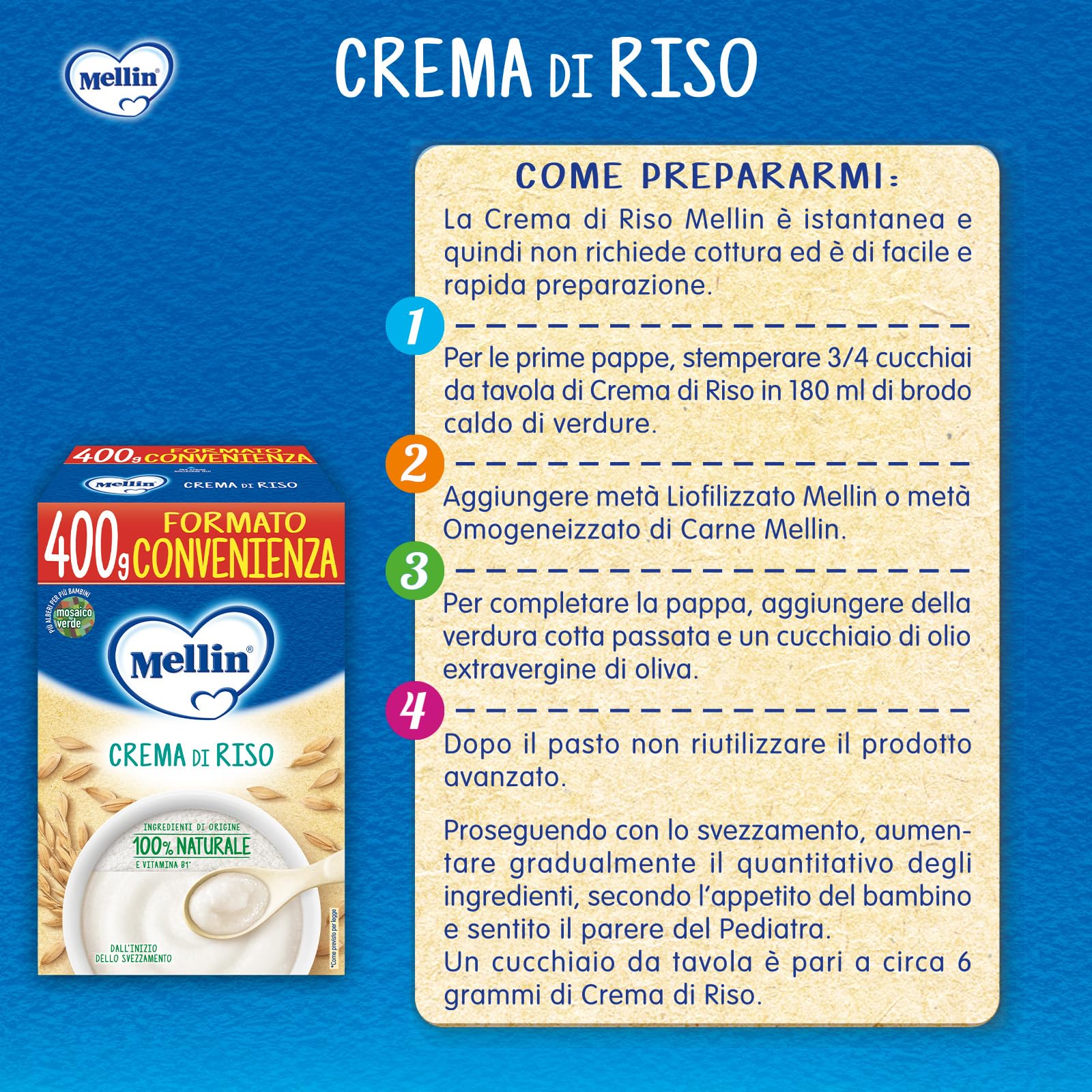 Mellin - Crema di Riso - Alimento con Vitamina B1, per Bambini dal 4° Mese Compiuto - 6 Confezioni da 400gr (Totale 2400gr)
