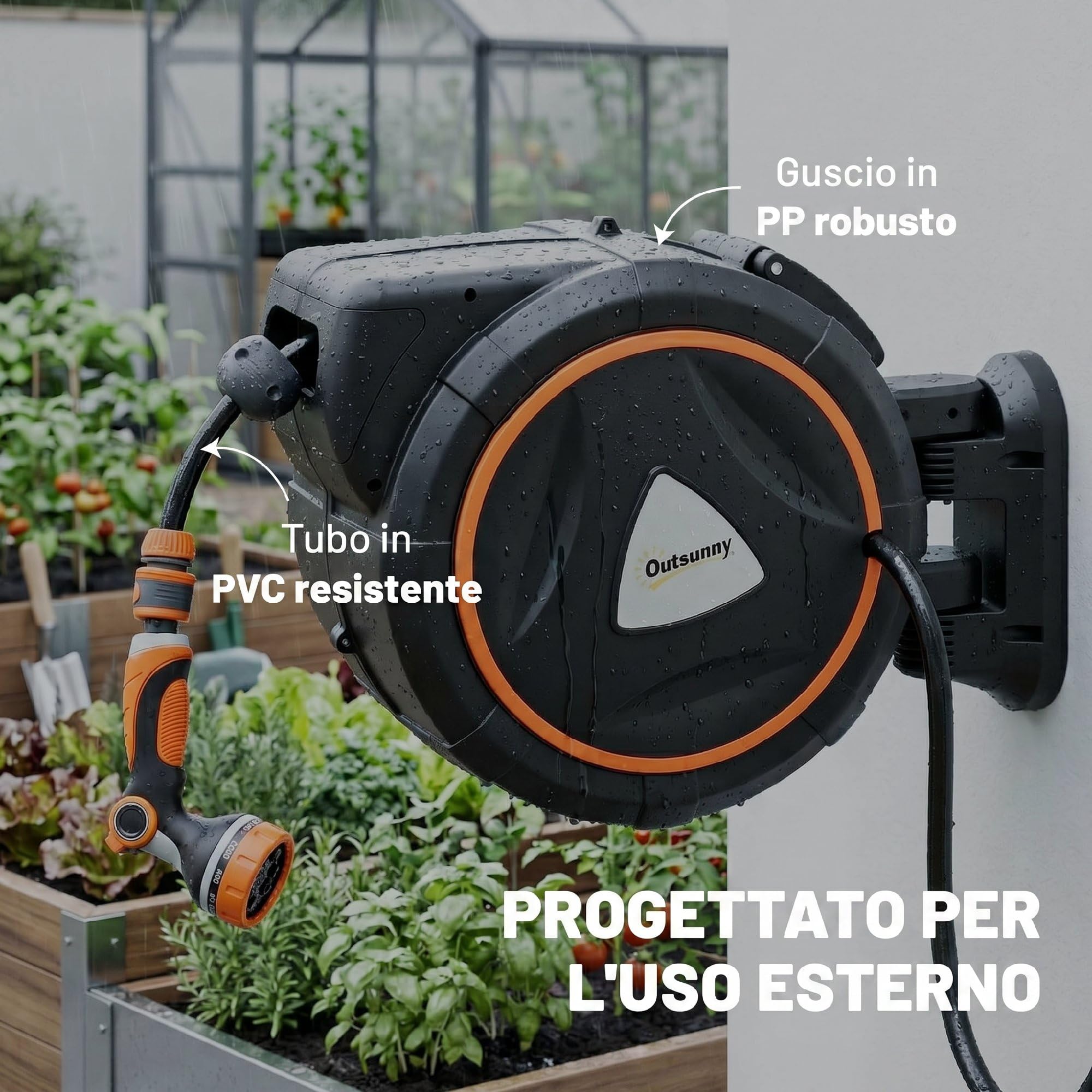 Outsunny Avvolgitubo da Giardino Retrattile con Tubo dell'Acqua 28+2 m, Avvolgitubo da Parete Girevole Automatico a 180° con Sistema di Bloccaggio e 12 Ugelli, Avvolgitore per Irrigazione, Arancione