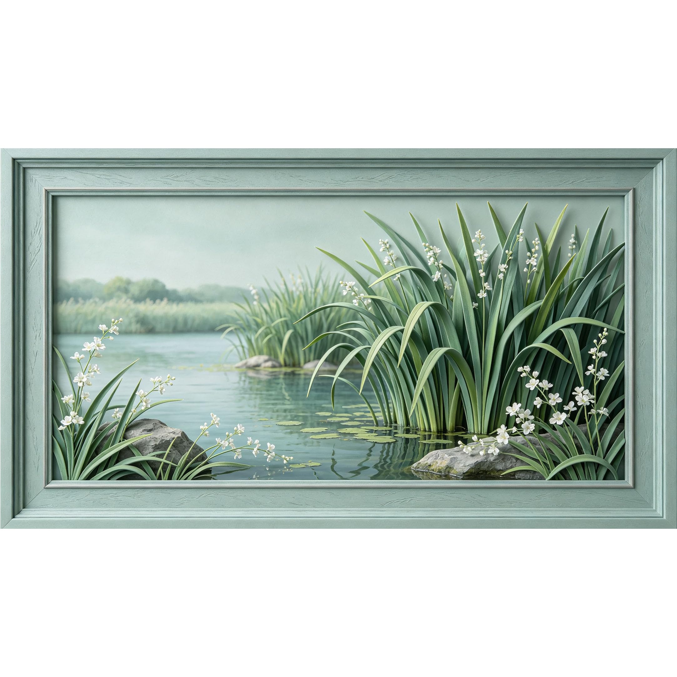 QZLITHOTIC 50×90cm3D Framed Wall Art， Serene Botanical Lake Landscape Floral Mural， WaterActivated Peel & Stick Fabric Decor Wall Decal for Bedroom Living Room