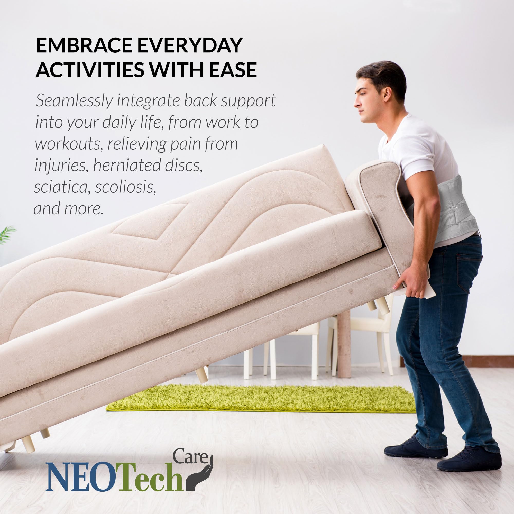 NEOtech Care Ceinture lombaire avec sangles de compression doubles et support au bas du dos EXTRA-LARGE - Tissu respirant léger pour sport, exercice (Grise, Taille XL)