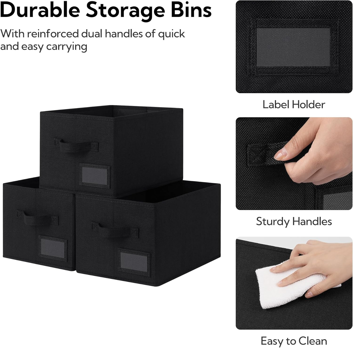 GRANNY SAYS Shelf Storage Bins, Fabric Storage Baskets for Closet and Clothes, Collapsible Storage Boxes with Handles, Decorative Storage Containers for Bedroom, Black, Medium, 3-Pack