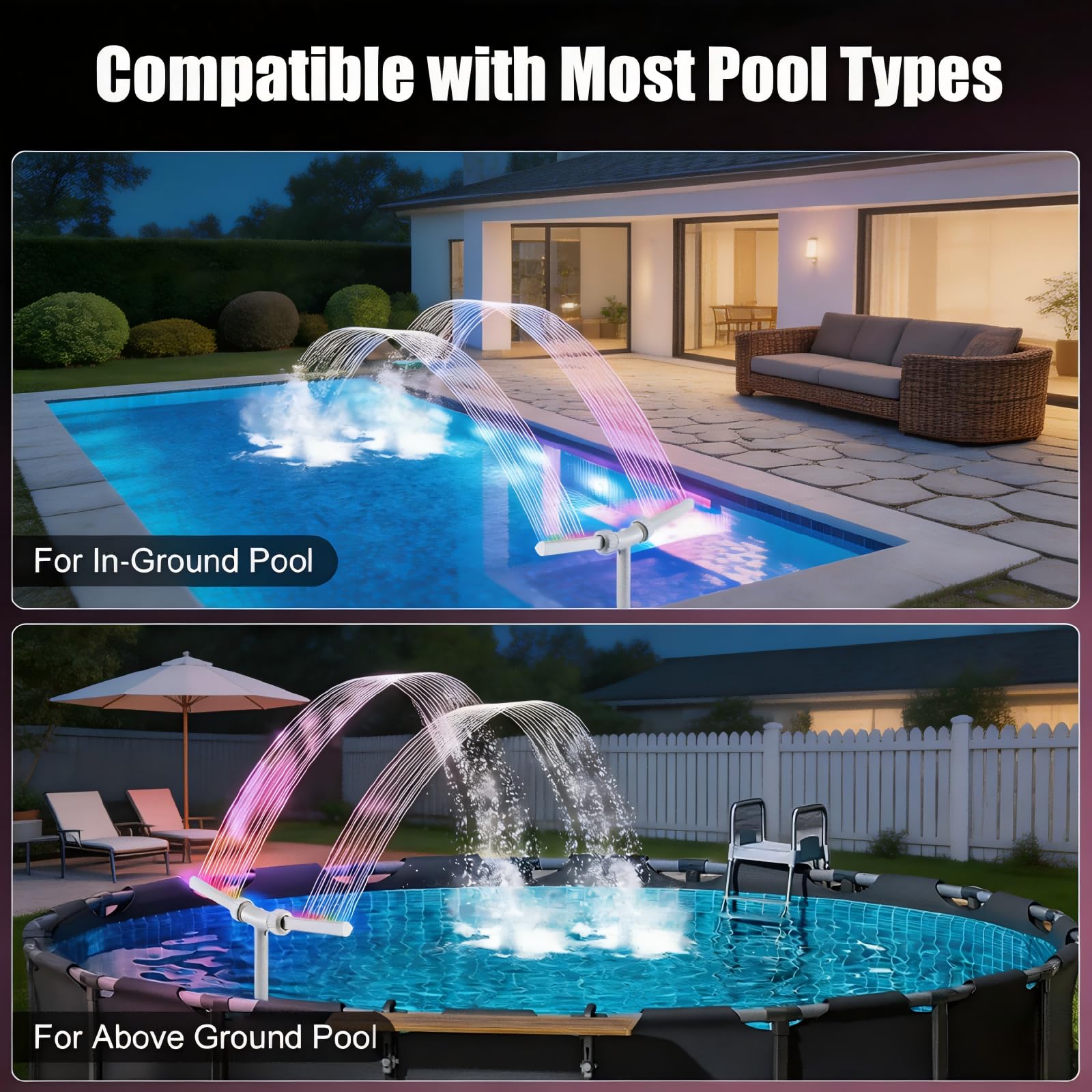 Fuente Solar LED para Piscinas – Doble Chorro 360° Ajustable, RGBIC, Carga Solar+USB, Mando+App, para Piscinas Sobresuelo y Enterradas