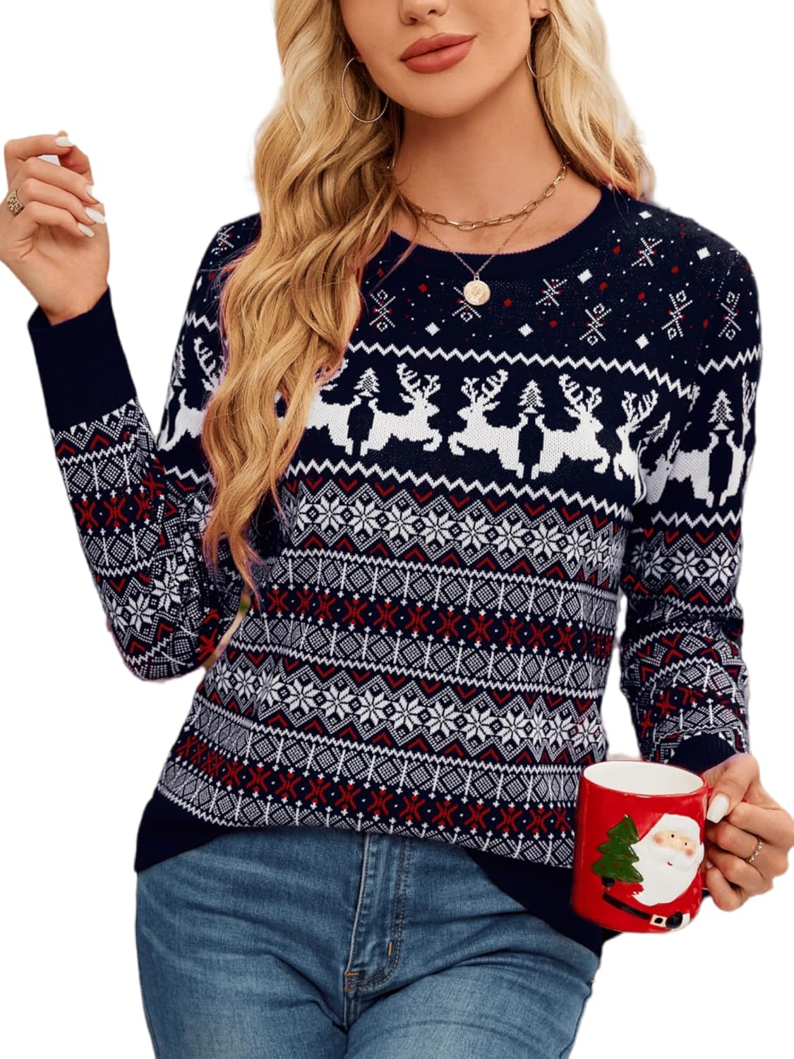Womens Christmas Sweater Crew Neck Long Sleeve Soft Warm Winter Snowflake Reindeer Xmas Pullover Tops