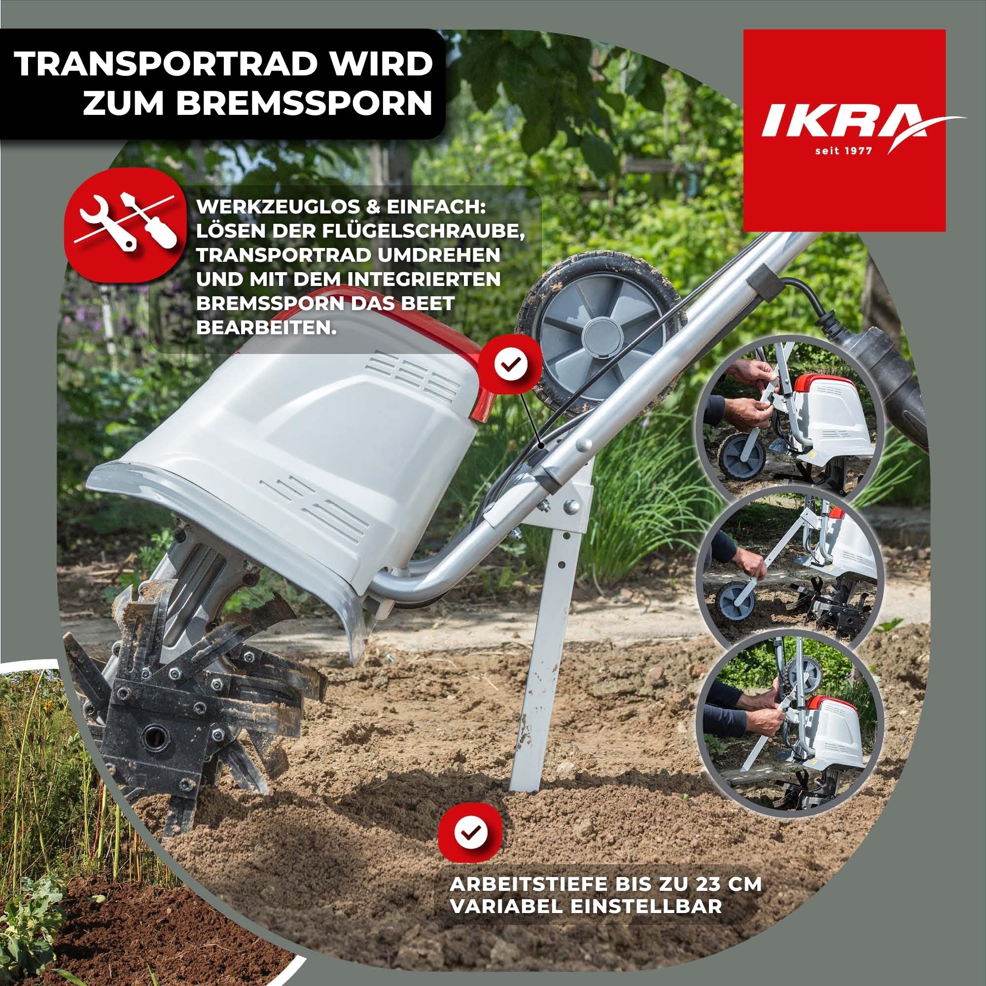 IKRA Elektro Bodenhacke FEM 1500, flexibel 3 Arbeitsbreiten 17, 30 & 45cm | Boden lockern und Saatbett vorbereiten, 1500W, Arbeitstiefe 23cm, Bremssporn, Transportrad, zusammenklappbar, Überlastschutz