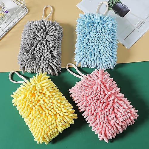 Miniatura 6 de Paquete de 4 toallas de mano de chenilla, suaves y absorbentes, de microfibra, para colgar, de felpa de secado rápido, con bucles para colgar, para