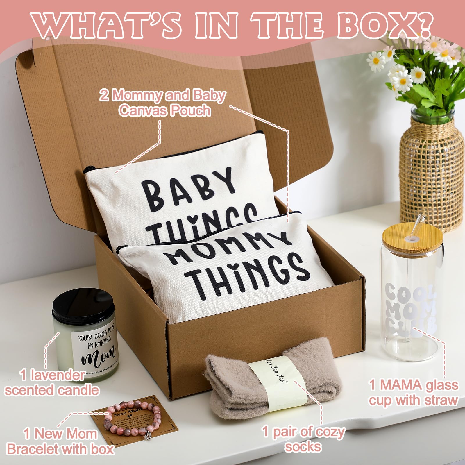 Maxdot Paquete de 8 piezas para el cuidado de la nueva mamá después del nacimiento, cesta de regalo para mujeres embarazadas, kit de regalo posparto con taza de vidrio para baby shower, esperando que