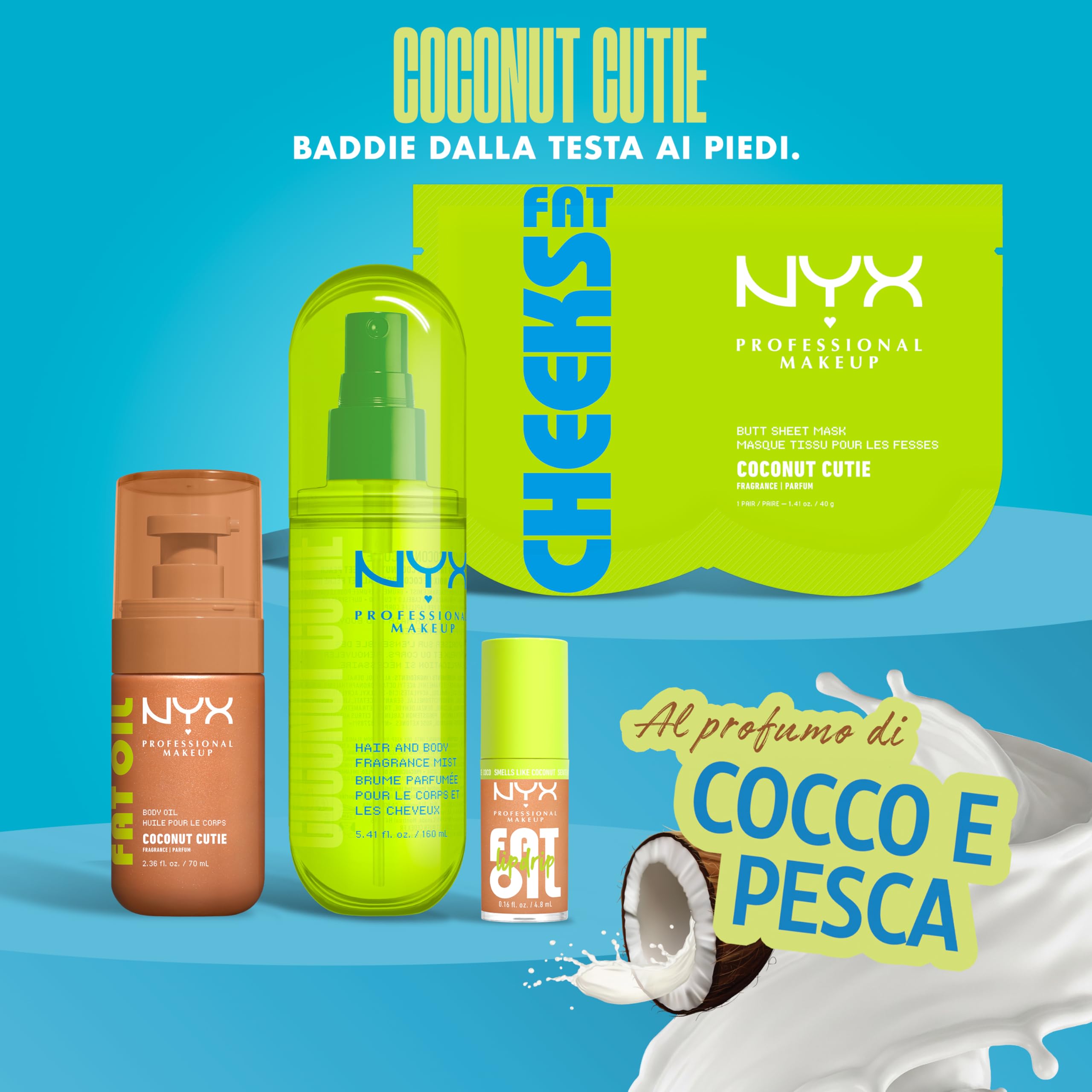 NYX Professional Makeup Fat Oil Body Mist Spray Corpo e Capelli, Fragranza Dolce, Effetto Delicato, Note di Cocco e Pesca, Coconut Cutie, 80 ml