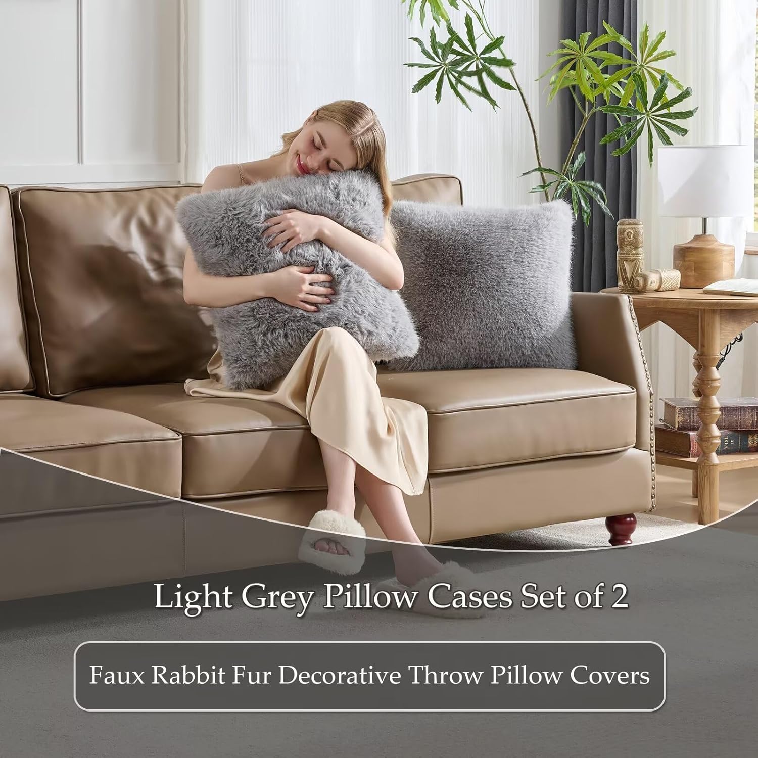 12x20 Inch Decorative Throw Pillow Covers Set of 2,Soft Fluffy Faux Fox Fur Couch Pillow Covers Pillowcase for Home Living Room Bedroom-Light Grey