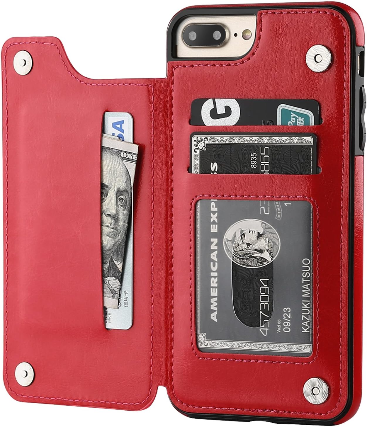 for iPhone 7 Plus/8 Plus Wallet Case with Card Holder,OT ONETOP Premium PU Leather Kickstand Card Slots Case,Double Magnetic Clasp and Durable Shockproof Cover 5.5 Inch(Red)