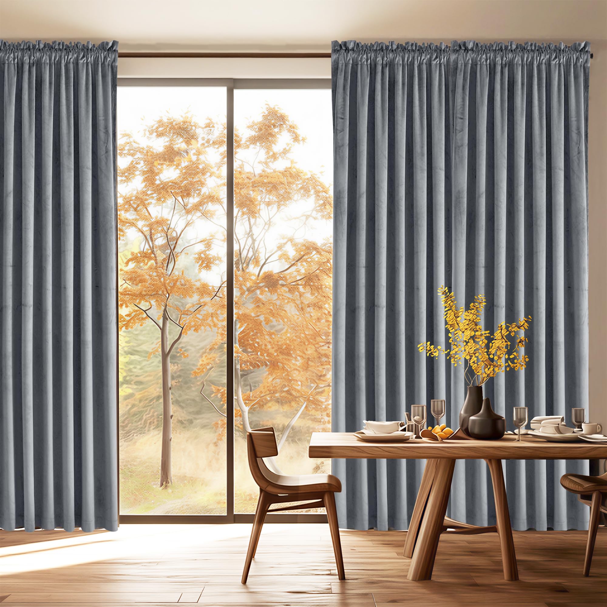 JIUZHEN Graue Samtvorhänge für Schlafzimmer, wärmeisoliert, Raumverdunkelungsvorhänge für Büro/Schrank, Set mit 2 Paneelen mit Raffhaltern, 106 x 213 cm (B x L)