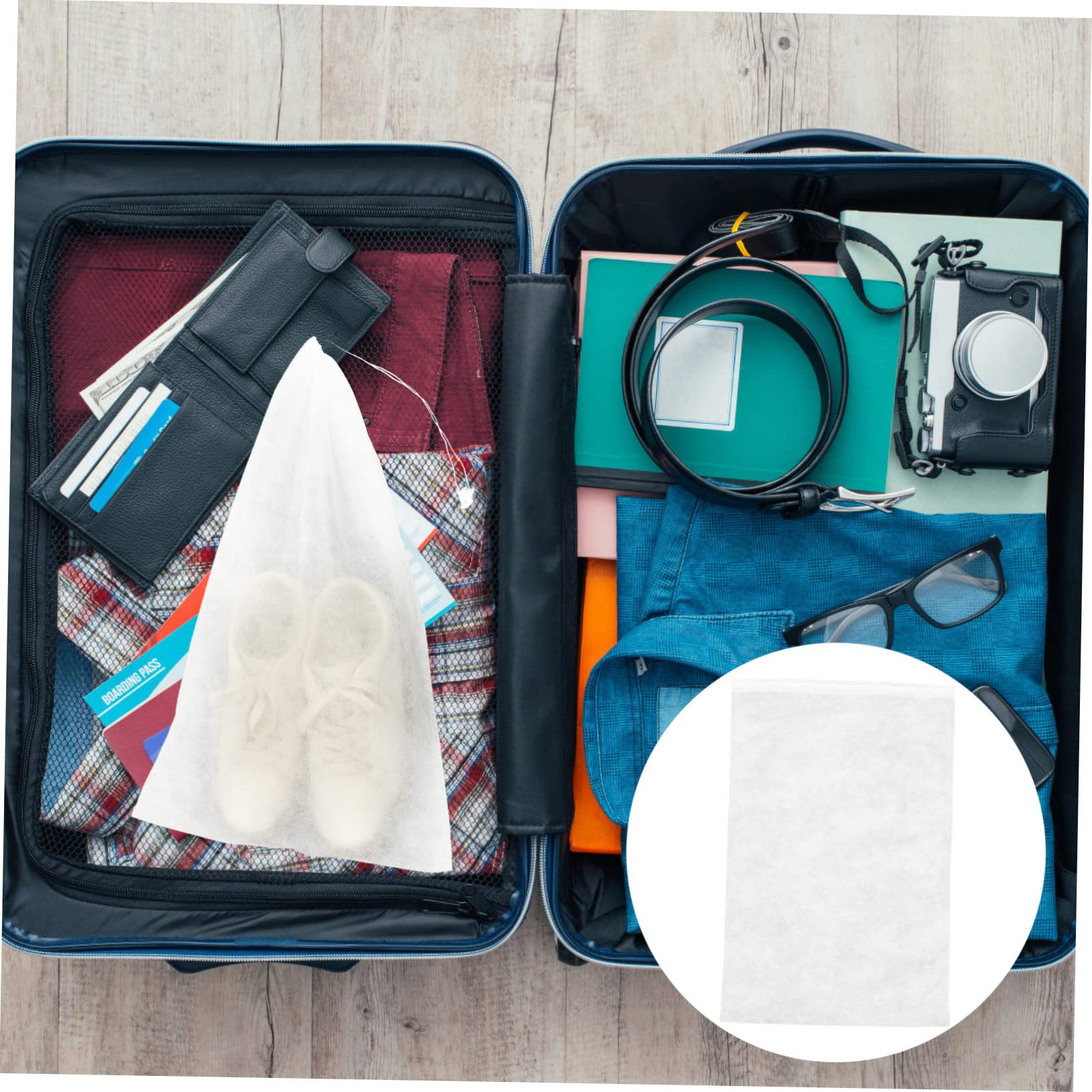 Sacchetti per Scarpe da Viaggio 32x48 Cm 50 Pezzi Non Tessuto | Bianco, Riutilizzabili e Lavabili, per Conservazione Calzature e Confezionamento Valigia