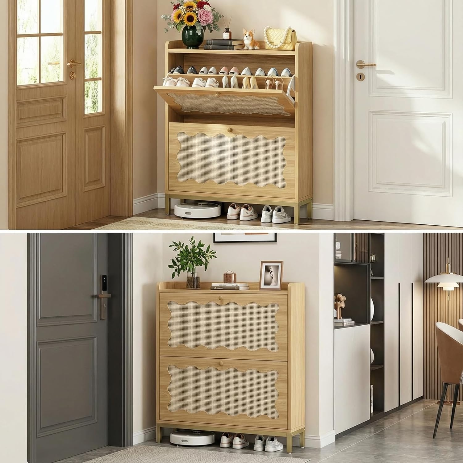 31 Inch Rattan Shoe Cabinet, Wood Flip Drawer Shoe Storage Cabinet with Durable Metal Leg, 4 Tier Wavy Shoe Rack for Entryway, Hallway and Foyer