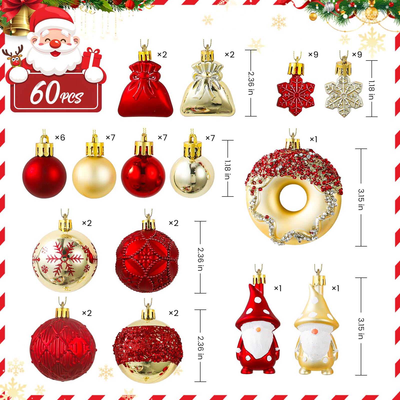 Lot de 60 boules de Noël décoratives en plastique incassable | Ravissant coffret cadeau classique pour sapin de Noël, décorations de fête de mariage avec cordes de suspension