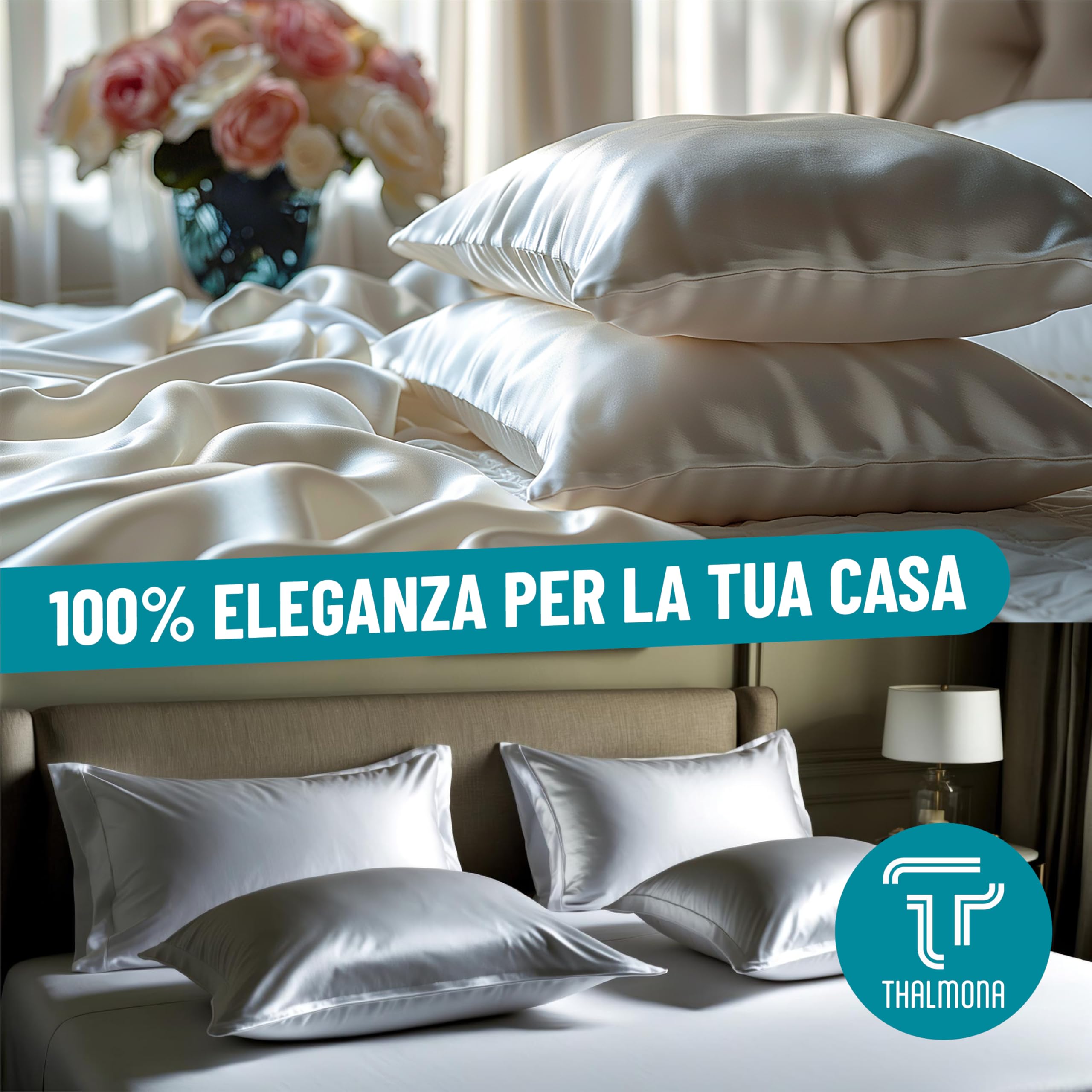 THALMONA Set Federe Cuscino Letto 2 Pezzi 50x70 Cm – Copricuscino Letto Morbido Elegante con Chiusura Zip Resistente, Facili da Lavare Antipiega Traspiranti, Anallergiche in Poliestere (Bianco)