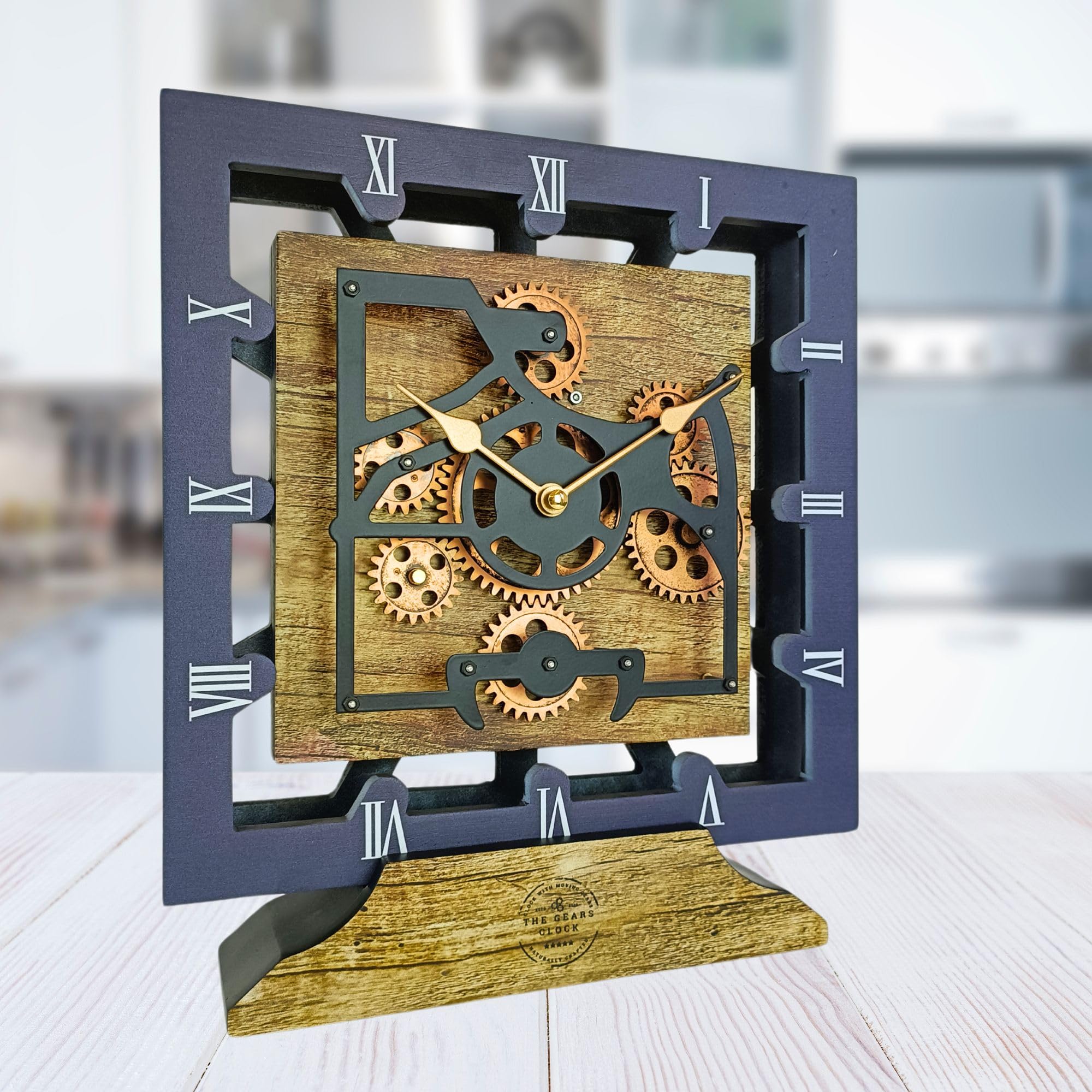THE GEARS CLOCK Desk Clock 10 Inches with Real Moving Gear Square Convertible Into Wall Clock (Gold Antique)