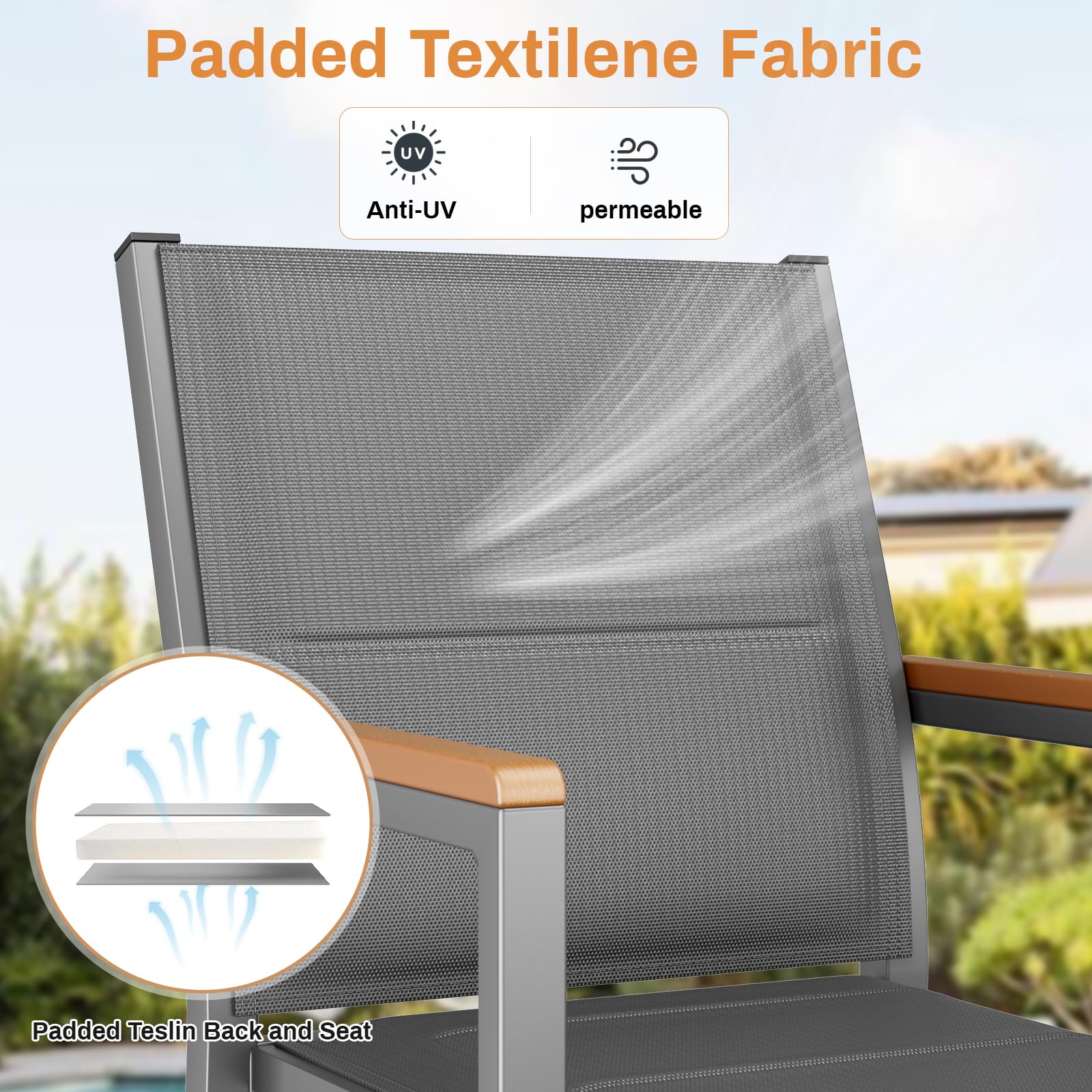 LIFERUN Juego de 2 sillas de jardín de aluminio, con respaldo acolchado y asiento, silla de comedor apilable, pasamanos de WPC, sillas de balcón, para terraza, balcón, terraza, piscina, restaurantes