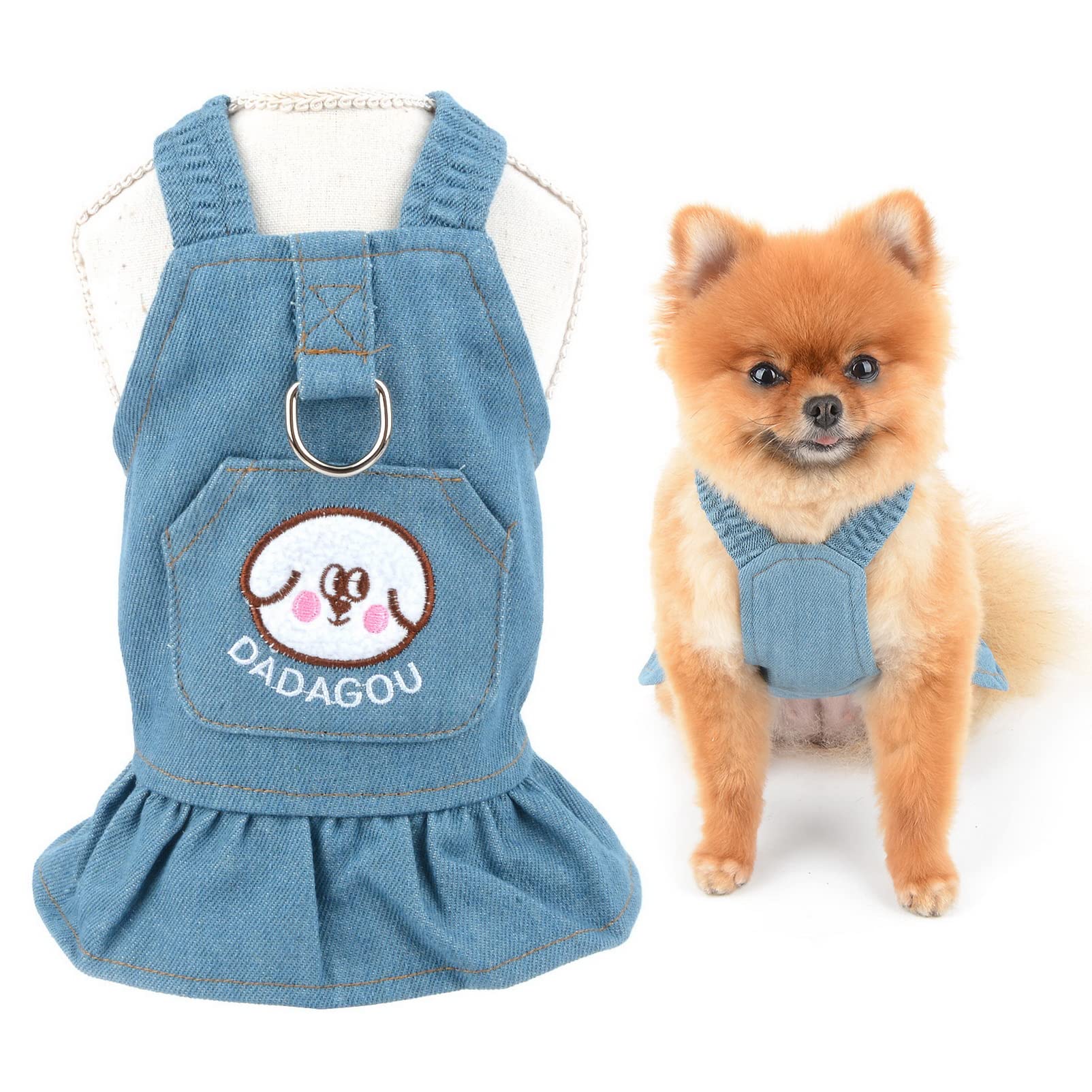 SMALLLEE_LUCKY_STORE Dog Denim Harness Dress, Cute Pocket Puppy Overall Dress for Small Medium Dog Cat Girls Adjustable Pet Jean Skirt with D-Ring