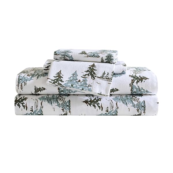 Eddie Bauer - Queen Sheets, Cotton Flannel Bedding Set, Brushed for Extra Softness, Bedding Set, Oeko-Tex Certified (Snowy Pine Trees Green, Queen)