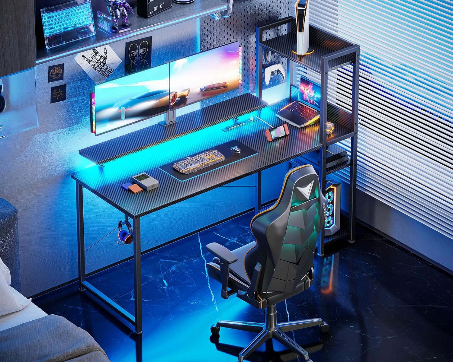 odk reversible 55 inch gaming desk with usb charging port and led lights, computer desk with storage shelves and monitor stand, study table for home office, morden desk for bedroom, carbon fiber black 55 inch carbon fiber black