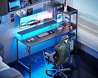 Vista 2 de ODK Escritorio reversible para juegos de 55 pulgadas con puerto de carga USB y luces LED, escritorio para computadora con estantes de almacenamiento