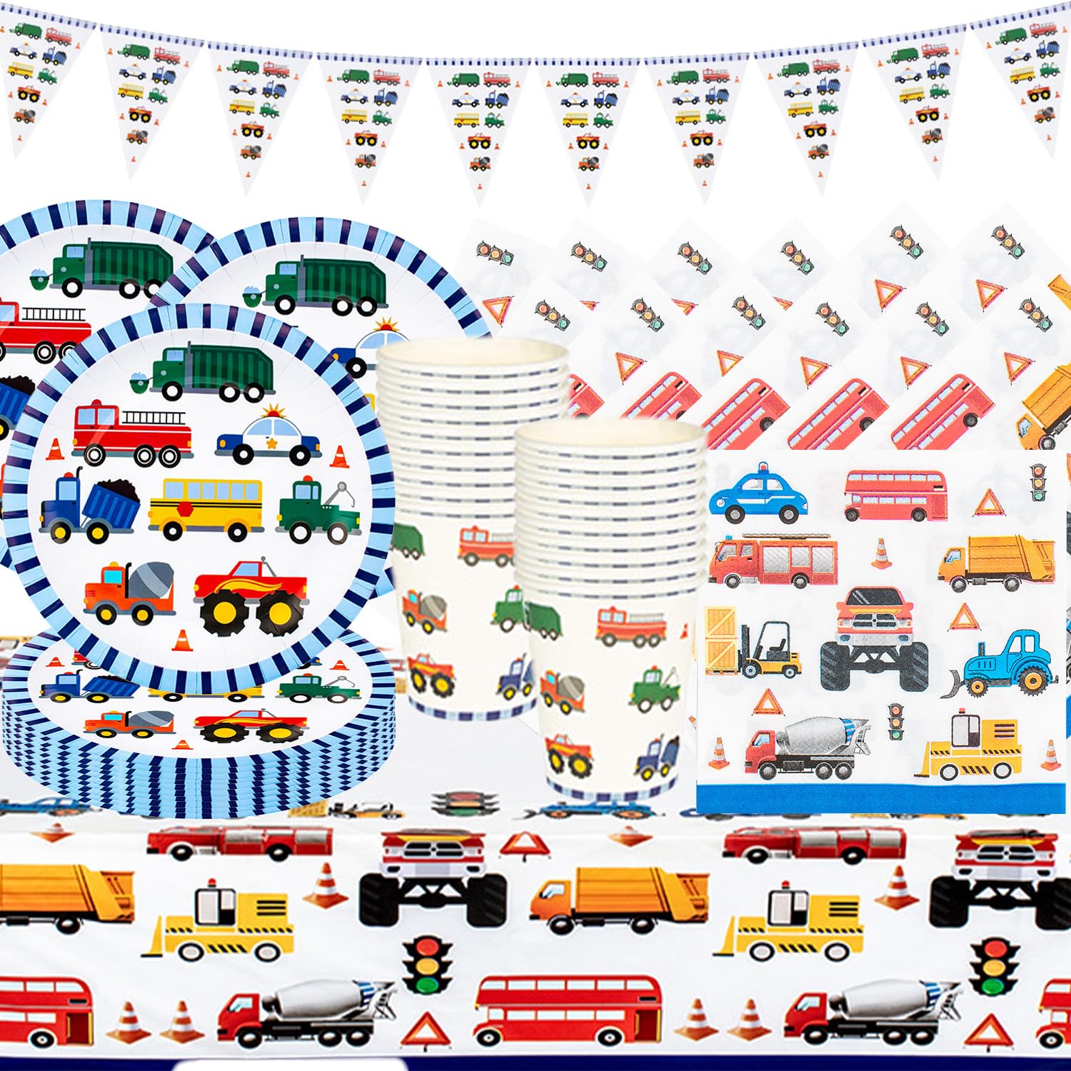 Stoviglie per feste a tema, per bambini, per escavatori, per la costruzione, per feste, include bandiere triangolari, piatti di carta, bicchieri di carta, tovaglioli di carta e tovaglie per 20 ragazzi